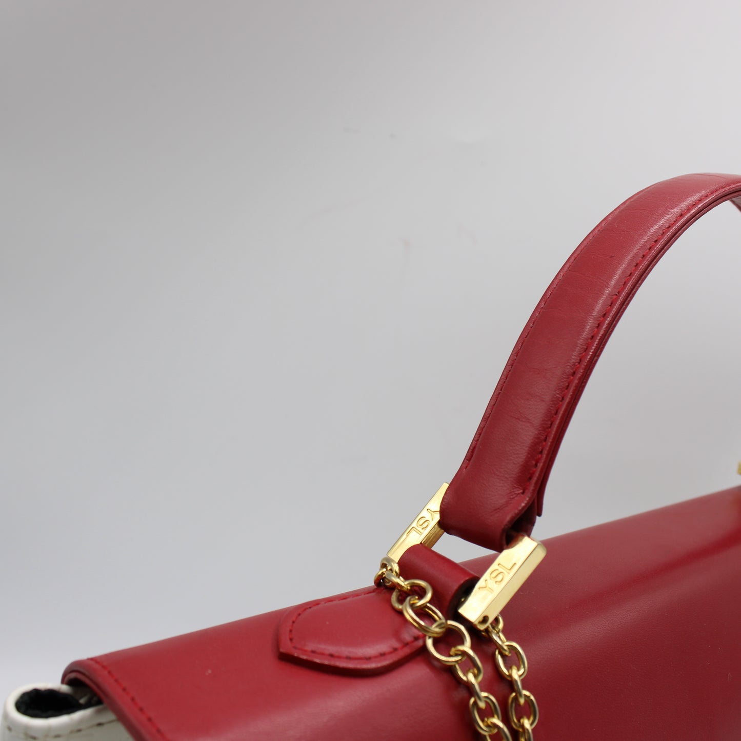 Yves Saint Laurent White Red Embossed Logo Leather Flap Hand Bag