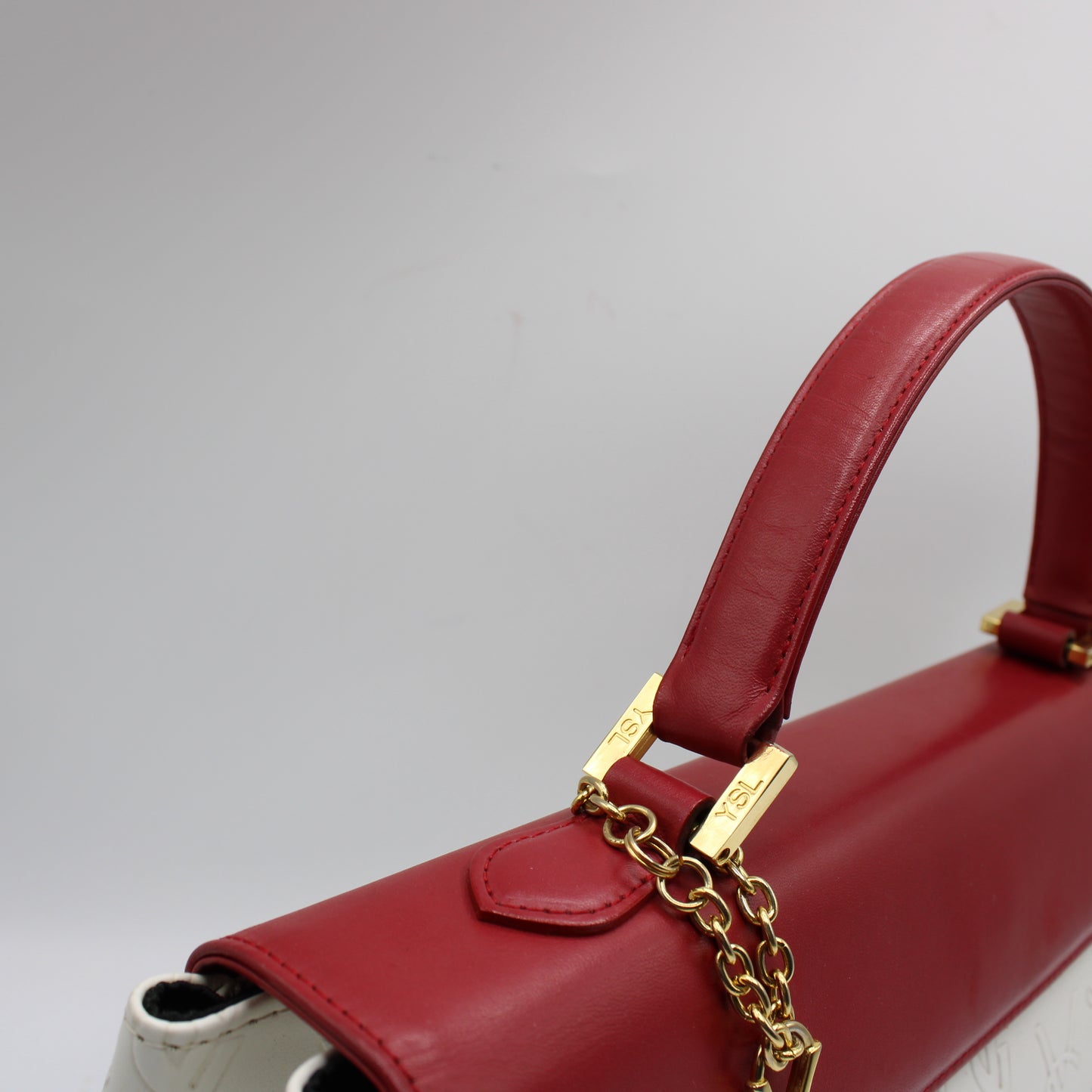 Yves Saint Laurent White Red Embossed Logo Leather Flap Hand Bag