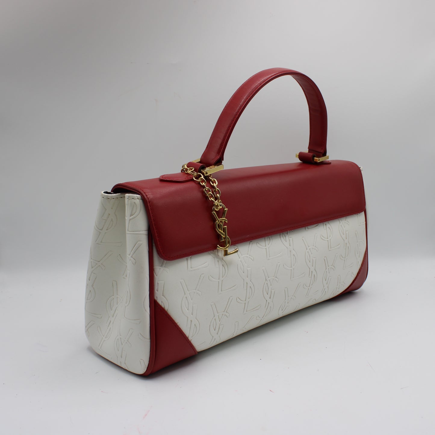 Yves Saint Laurent White Red Embossed Logo Leather Flap Hand Bag
