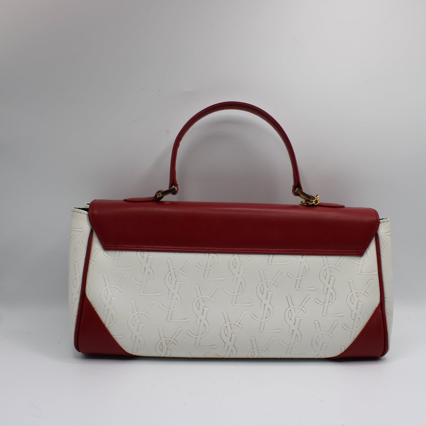 Yves Saint Laurent White Red Embossed Logo Leather Flap Hand Bag