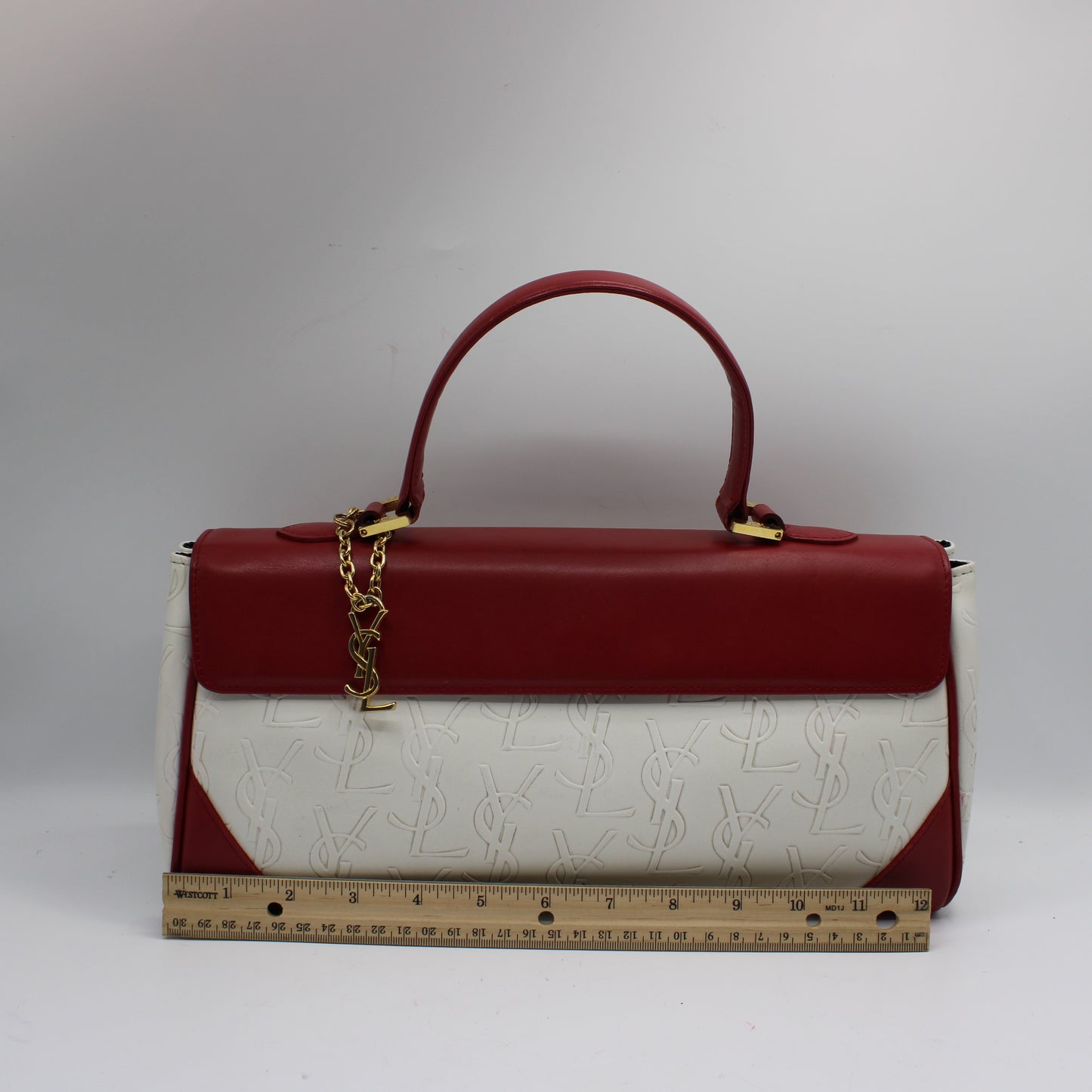 Yves Saint Laurent White Red Embossed Logo Leather Flap Hand Bag