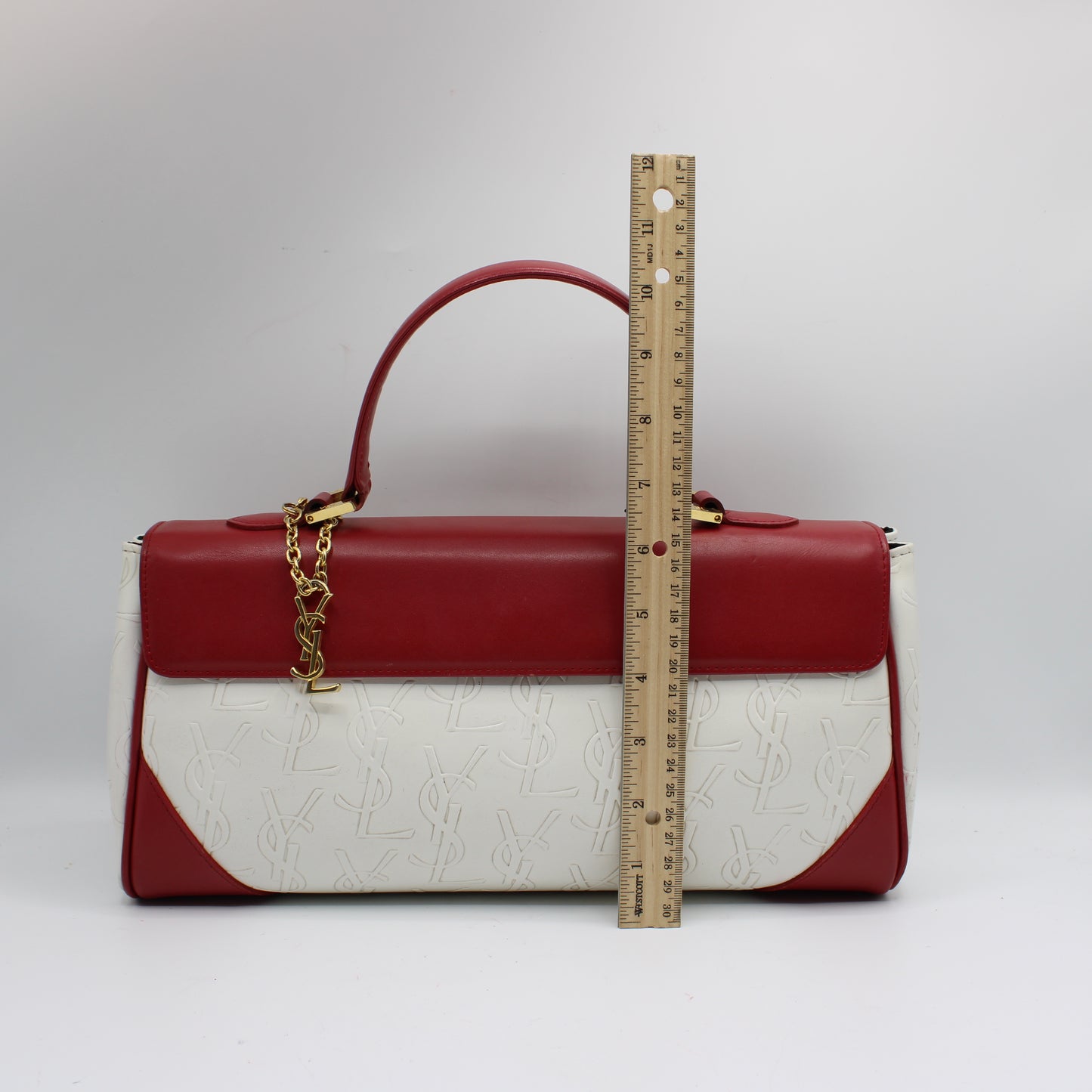 Yves Saint Laurent White Red Embossed Logo Leather Flap Hand Bag