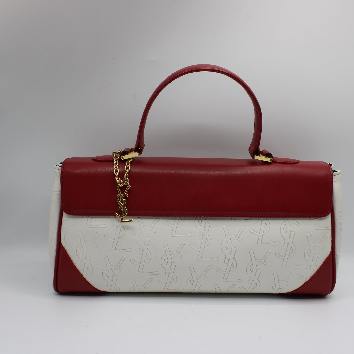 Yves Saint Laurent White Red Embossed Logo Leather Flap Hand Bag