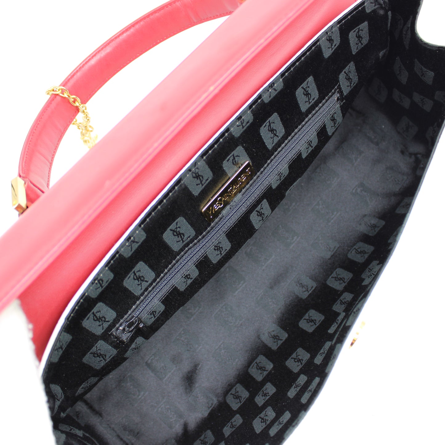 Yves Saint Laurent White Red Embossed Logo Leather Flap Hand Bag