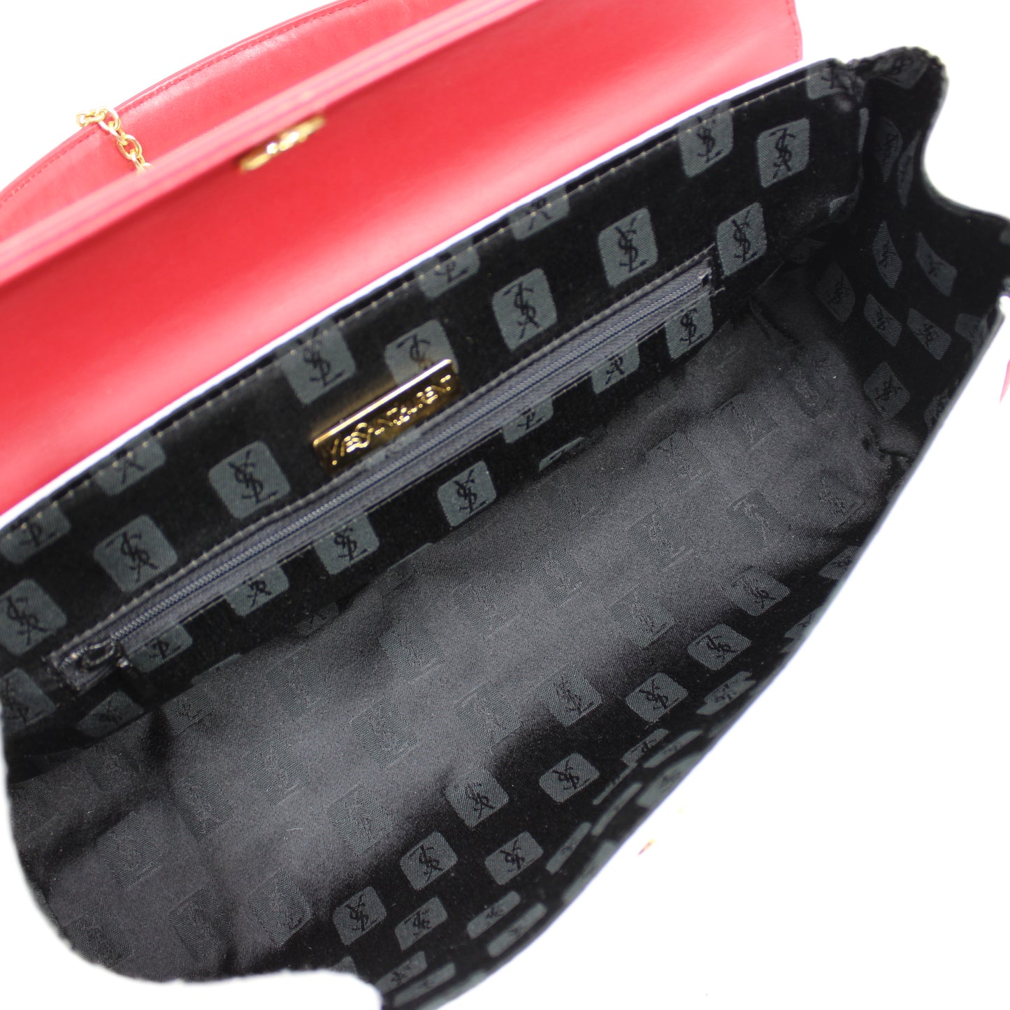 Yves Saint Laurent White Red Embossed Logo Leather Flap Hand Bag