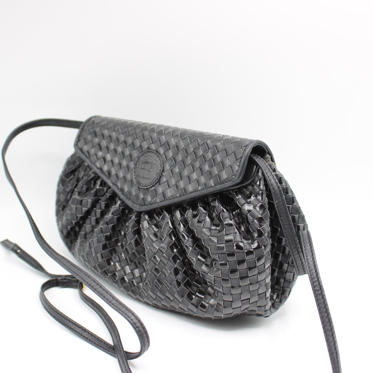 Fendi Black Braided Woven Leather Mini Crossbody Pouch Bag