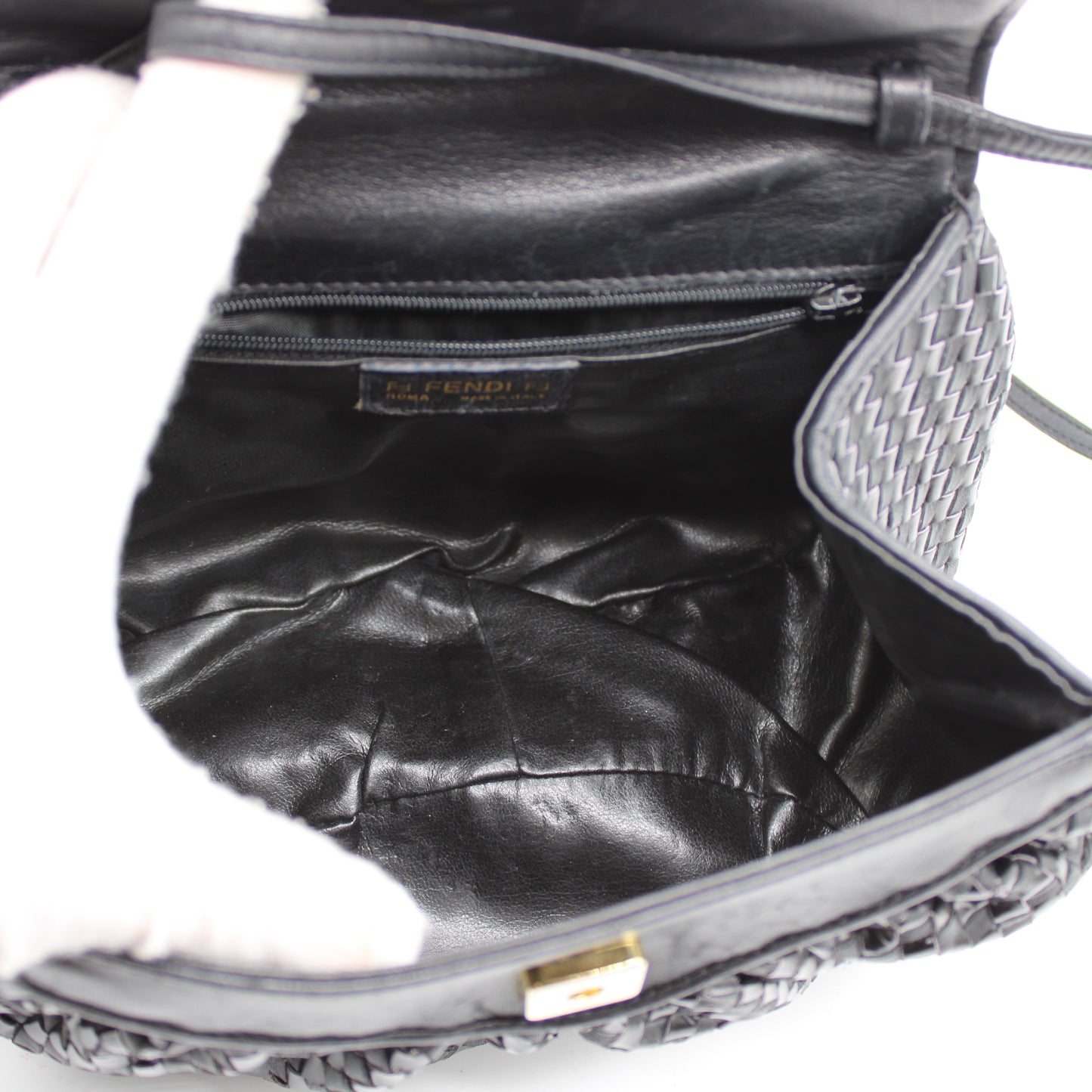 Fendi Black Braided Woven Leather Mini Crossbody Pouch Bag