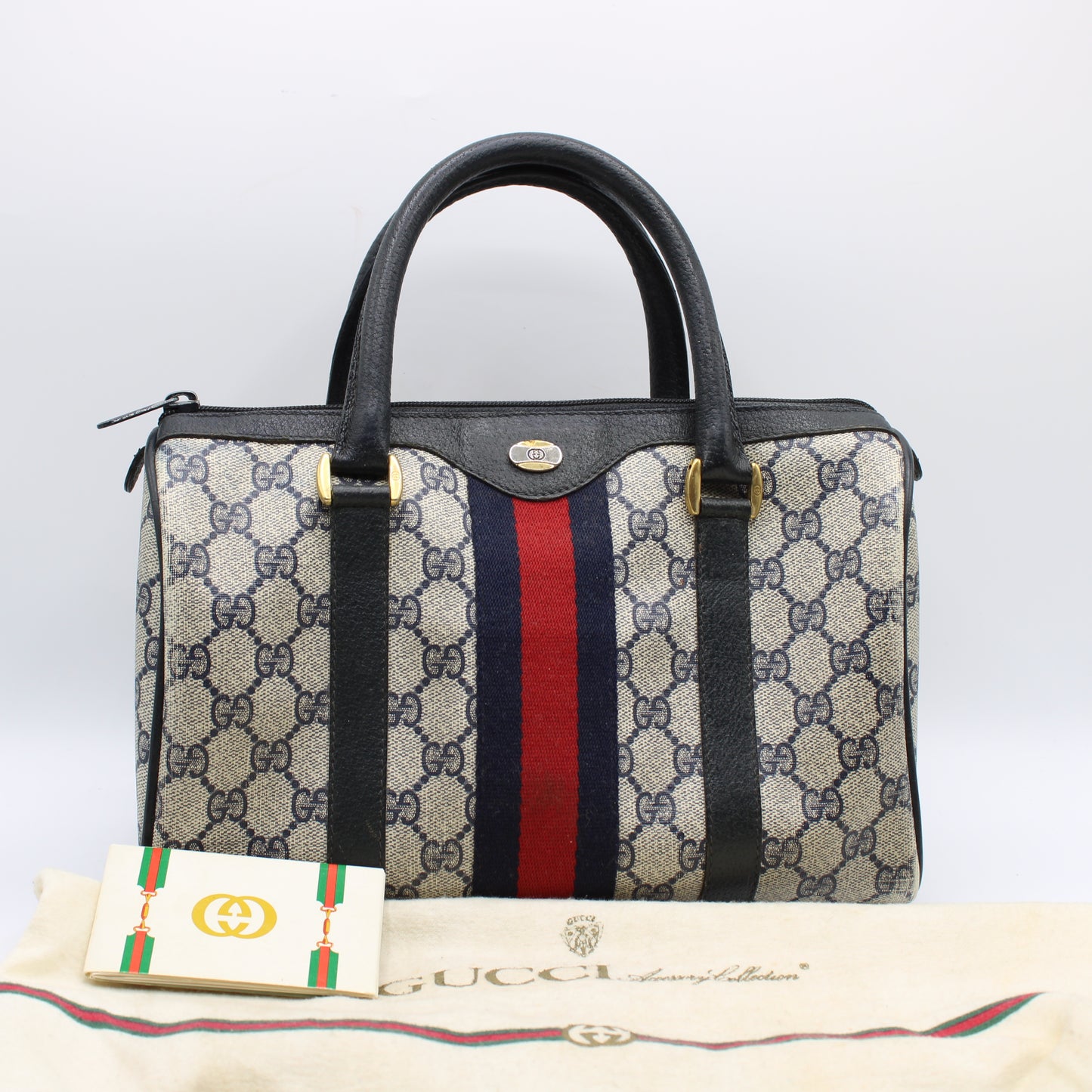 Gucci Navy GG Supreme Web Stripe Canvas Boston Bag