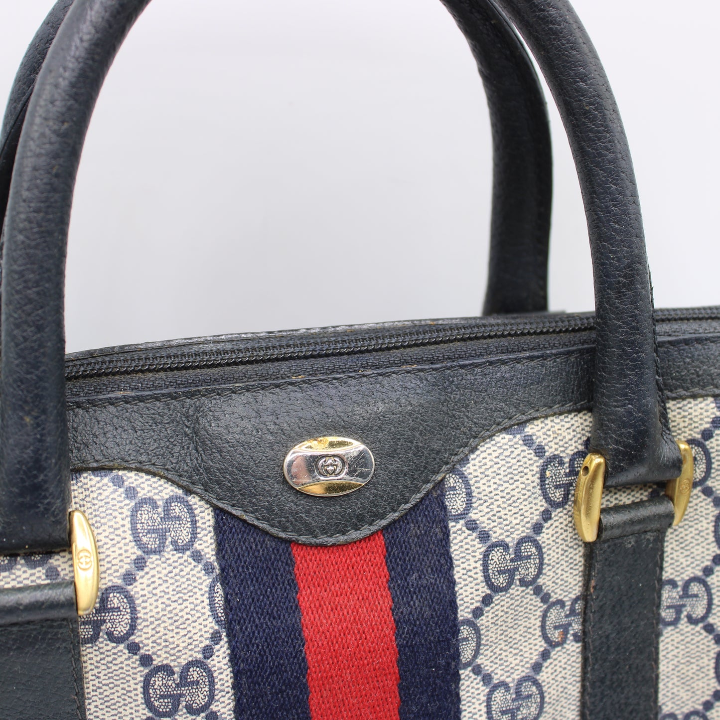 Gucci Navy GG Supreme Web Stripe Canvas Boston Bag