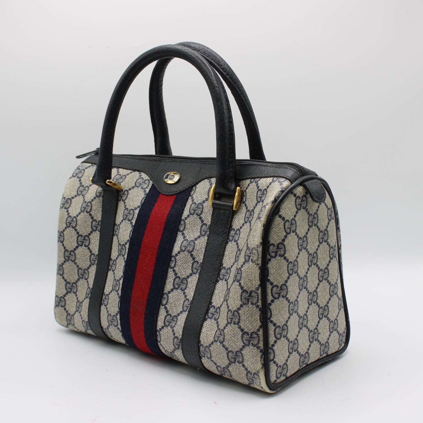 Gucci Navy GG Supreme Web Stripe Canvas Boston Bag