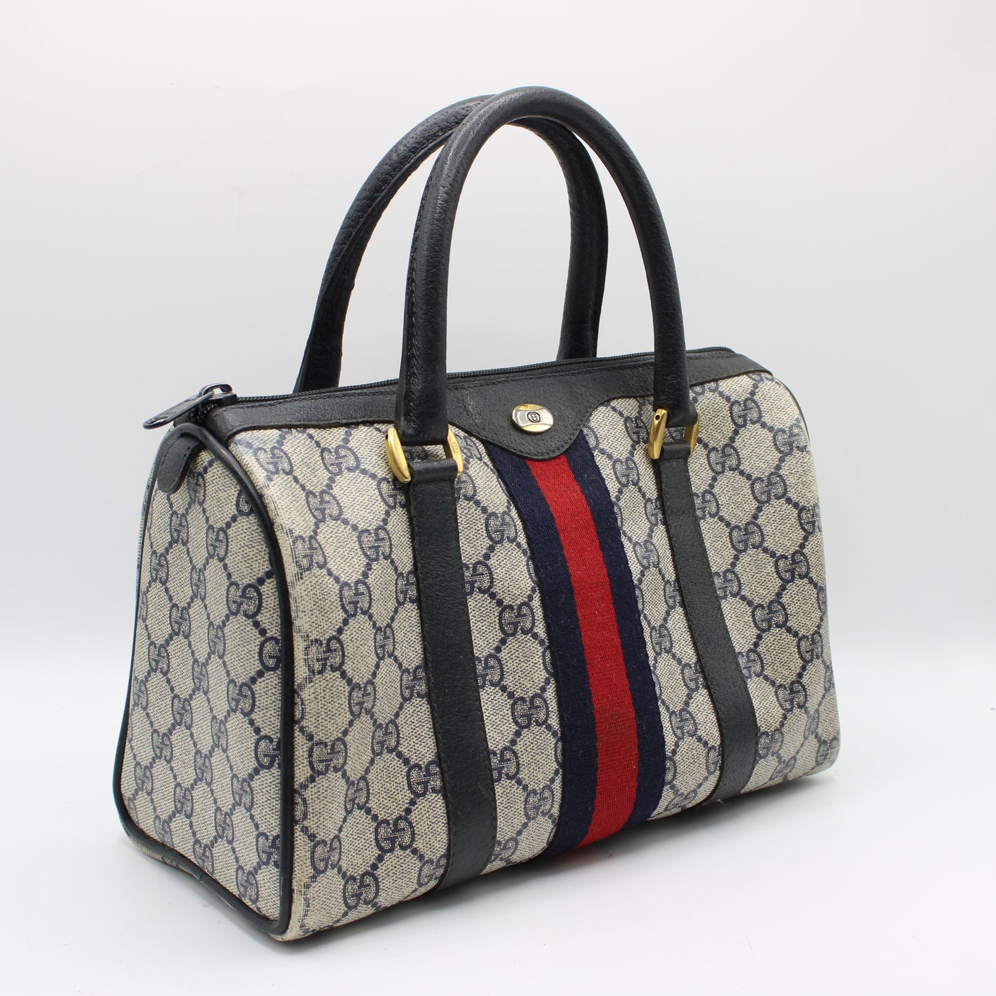Gucci Navy GG Supreme Web Stripe Canvas Boston Bag