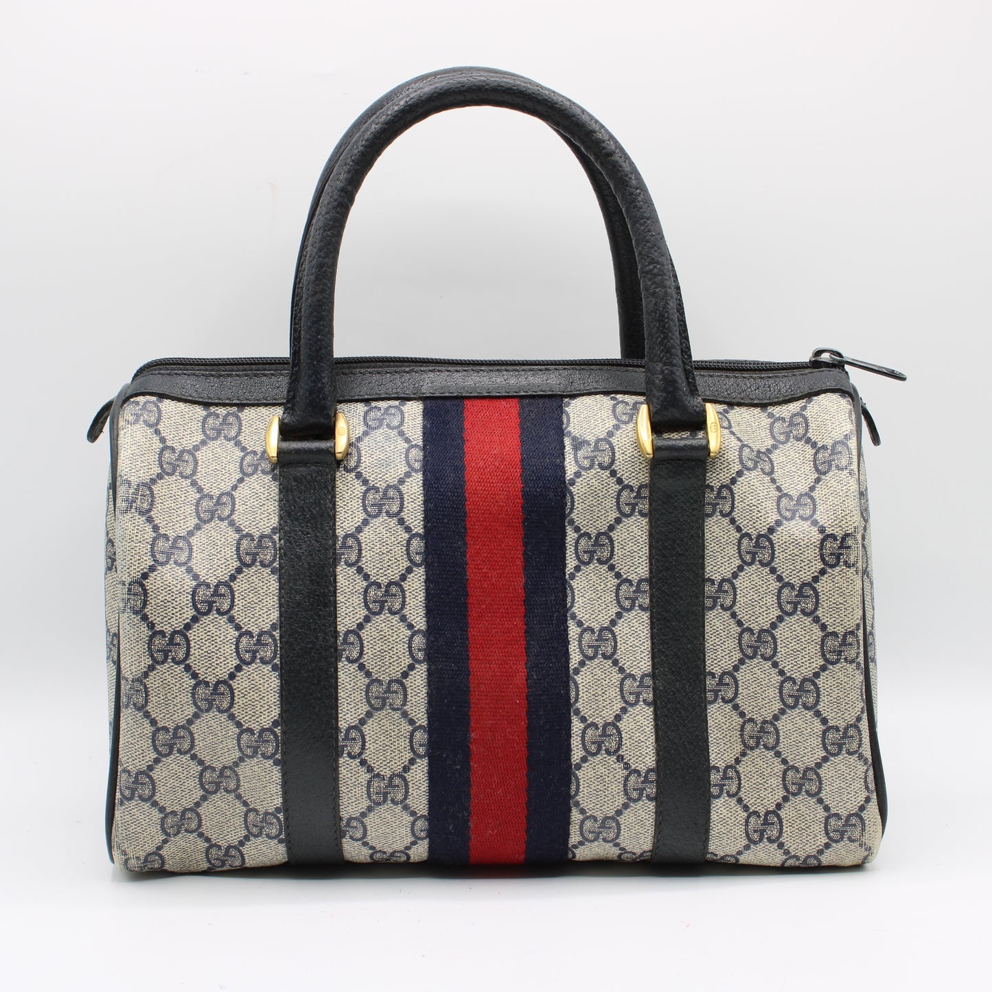 Gucci Navy GG Supreme Web Stripe Canvas Boston Bag