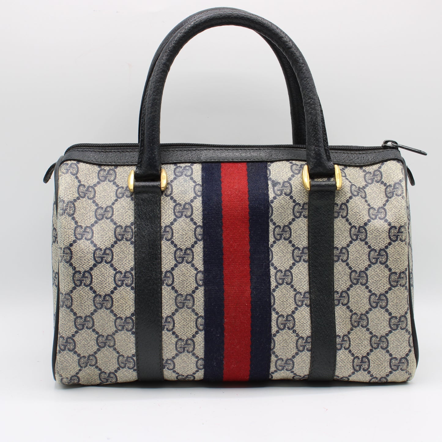 Gucci Navy GG Supreme Web Stripe Canvas Boston Bag