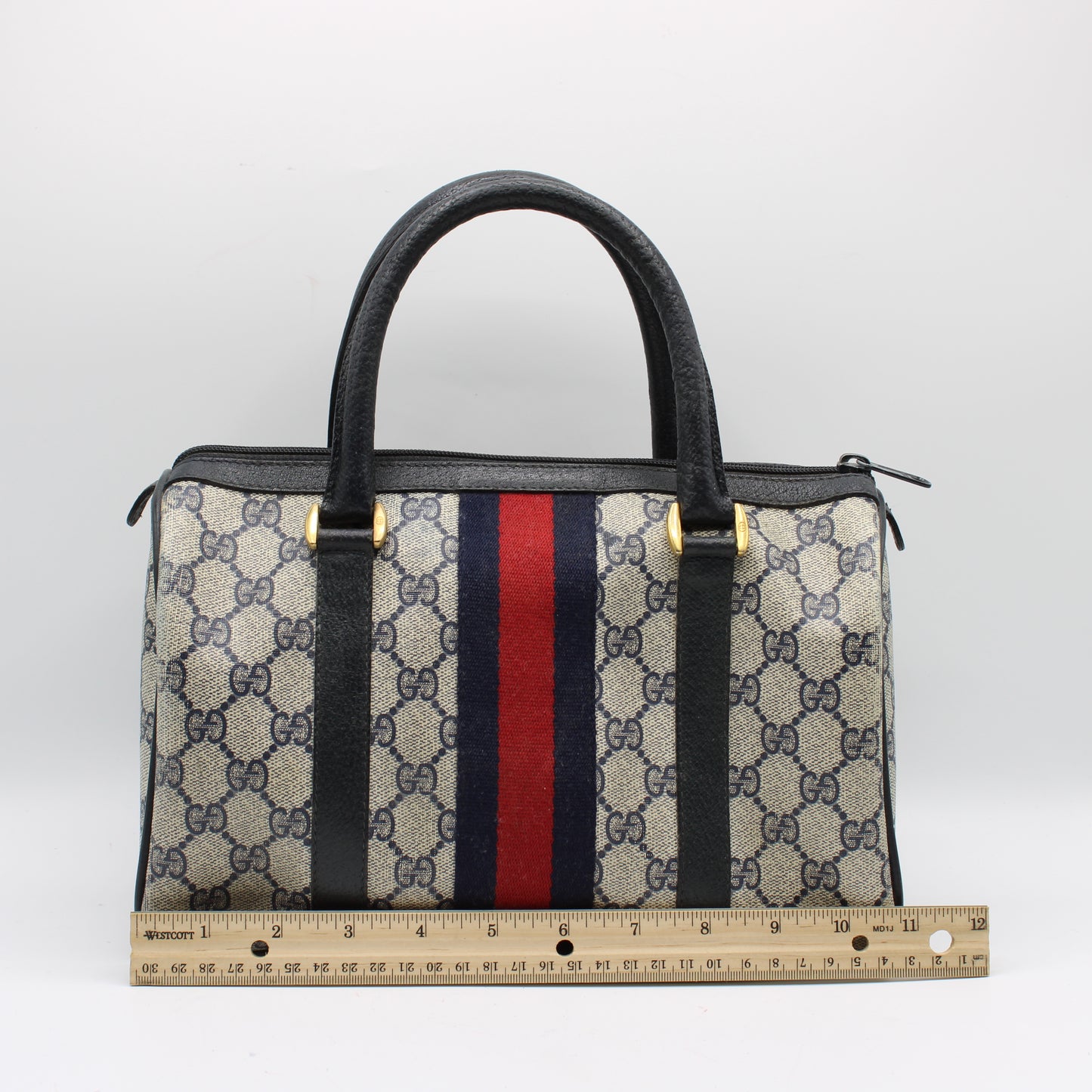 Gucci Navy GG Supreme Web Stripe Canvas Boston Bag
