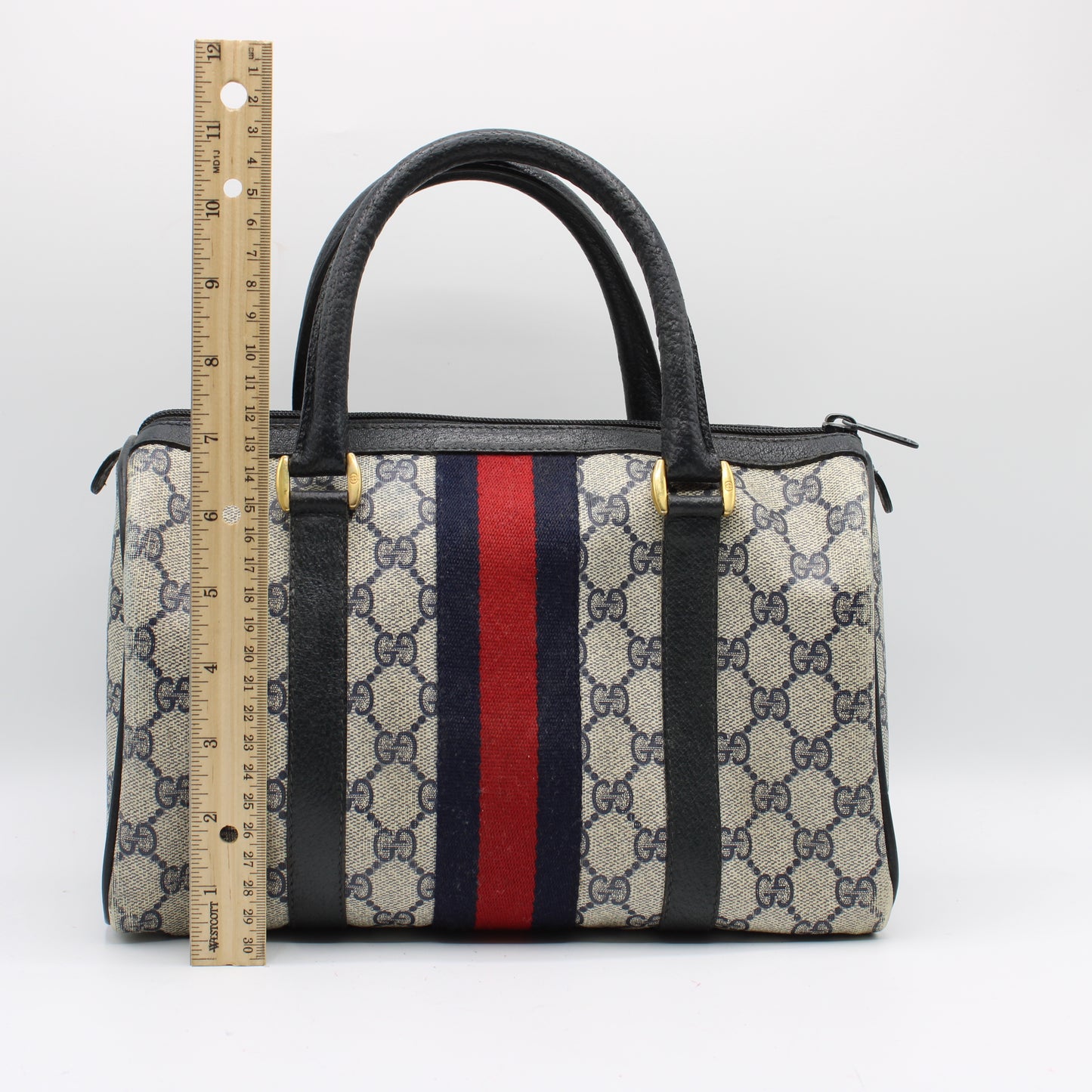Gucci Navy GG Supreme Web Stripe Canvas Boston Bag