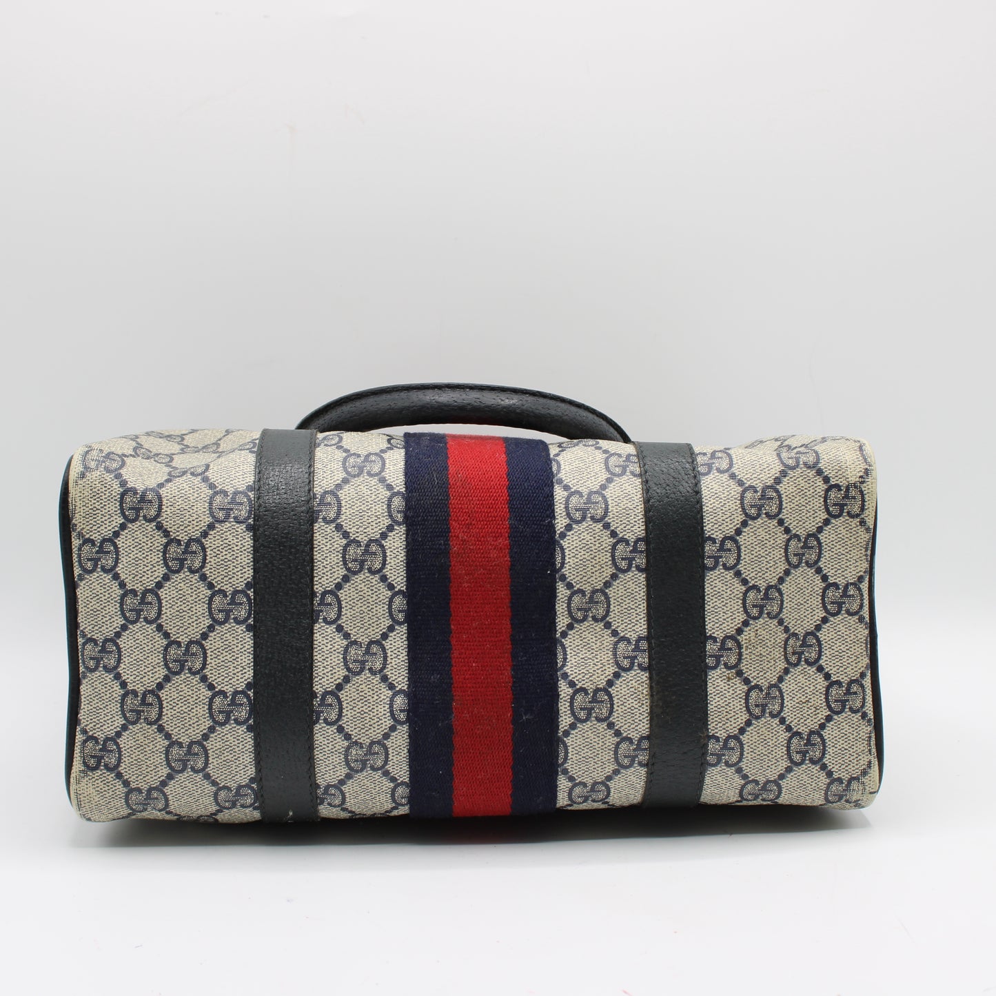 Gucci Navy GG Supreme Web Stripe Canvas Boston Bag