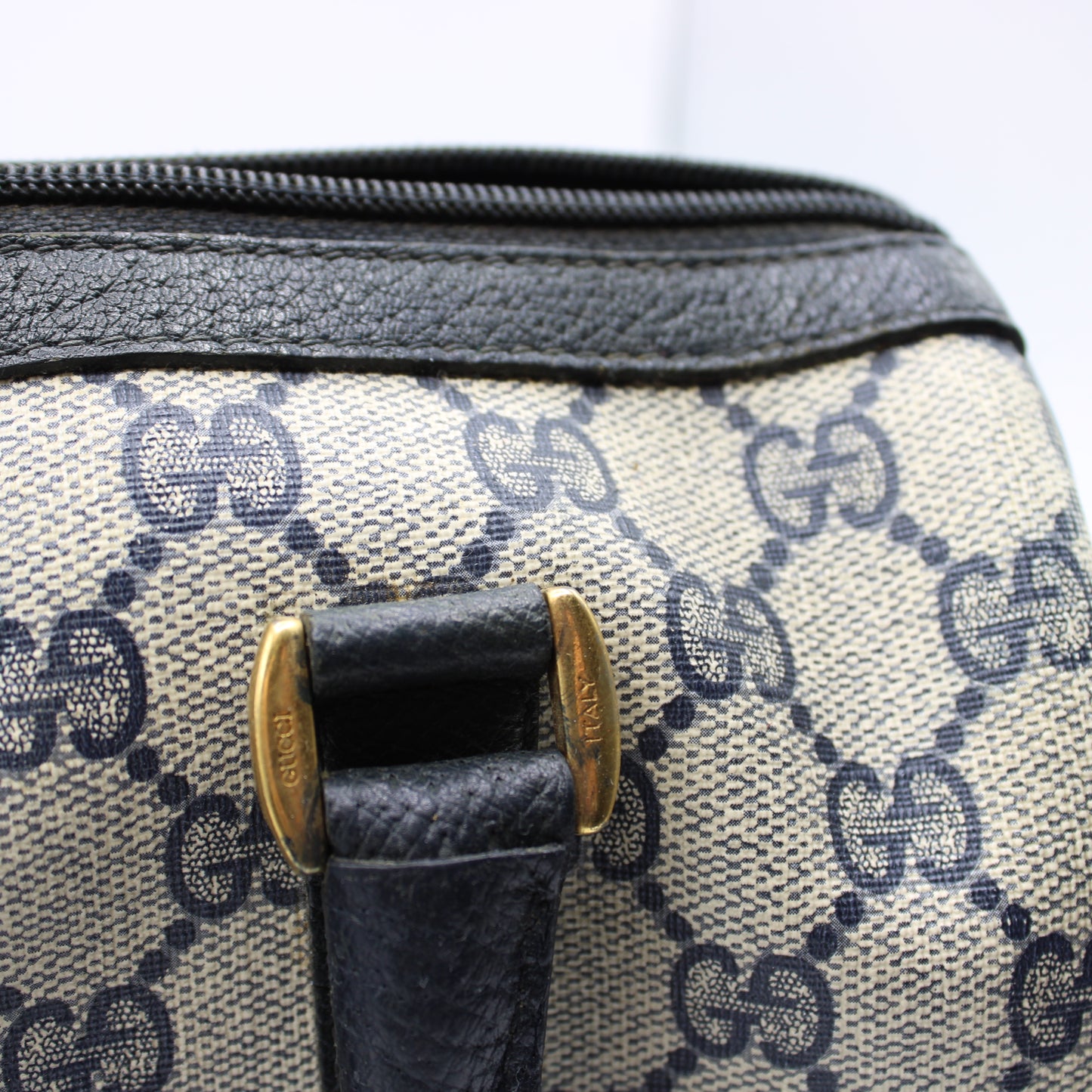 Gucci Navy GG Supreme Web Stripe Canvas Boston Bag