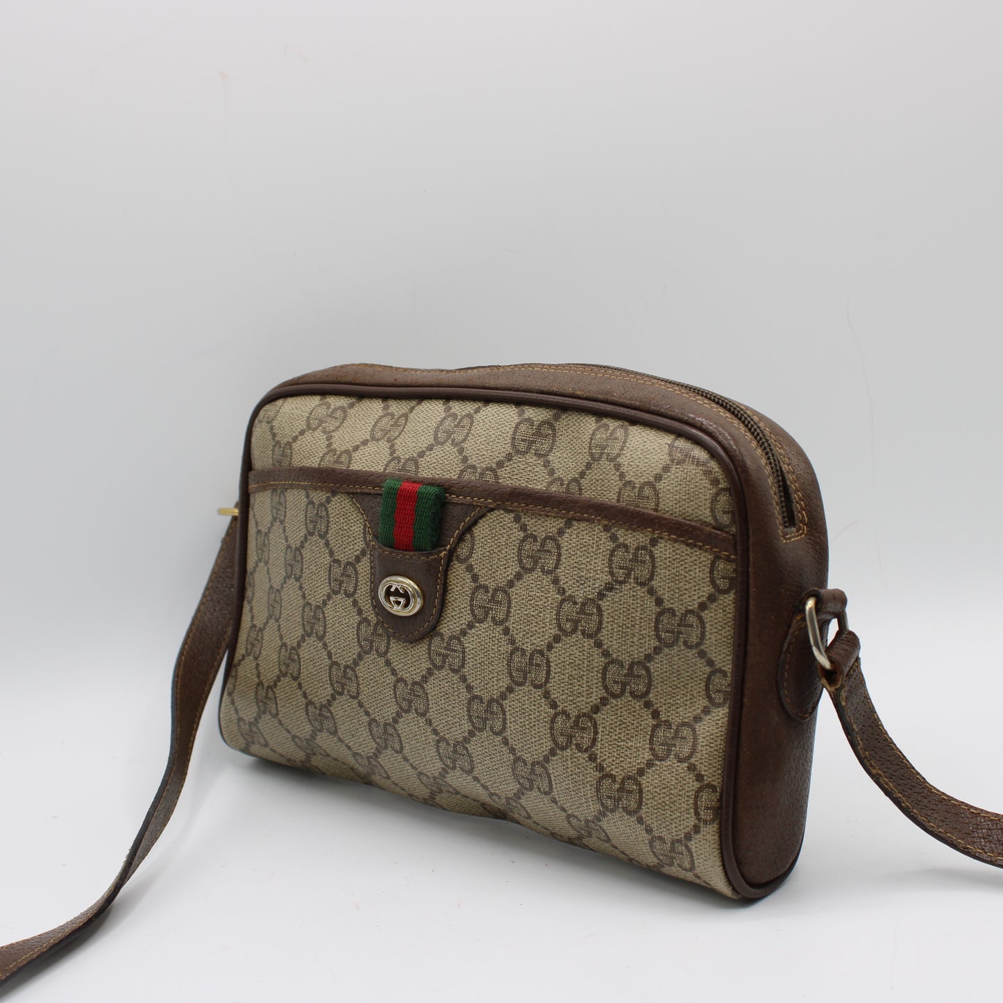 Gucci Ophidia Beige GG Supreme Canvas Brown Leather Crossbody Bag