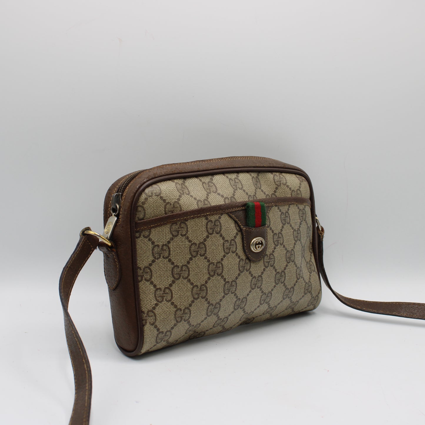 Gucci Ophidia Beige GG Supreme Canvas Brown Leather Crossbody Bag