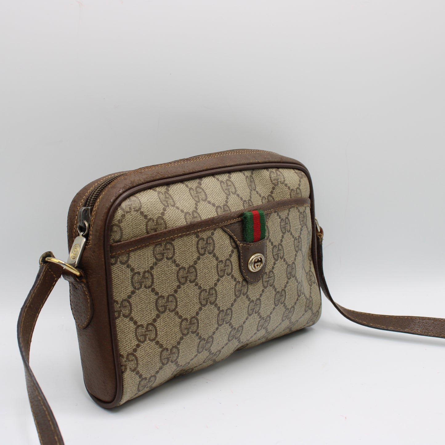 Gucci Ophidia Beige GG Supreme Canvas Brown Leather Crossbody Bag