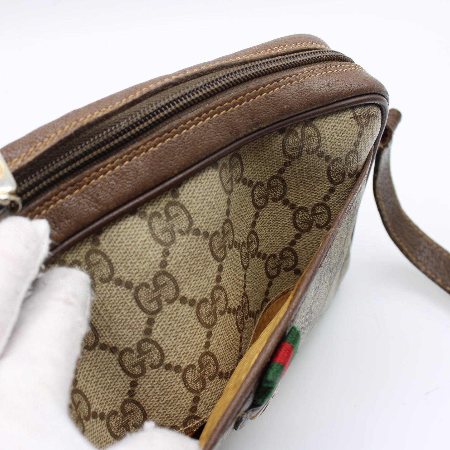 Gucci Ophidia Beige GG Supreme Canvas Brown Leather Crossbody Bag