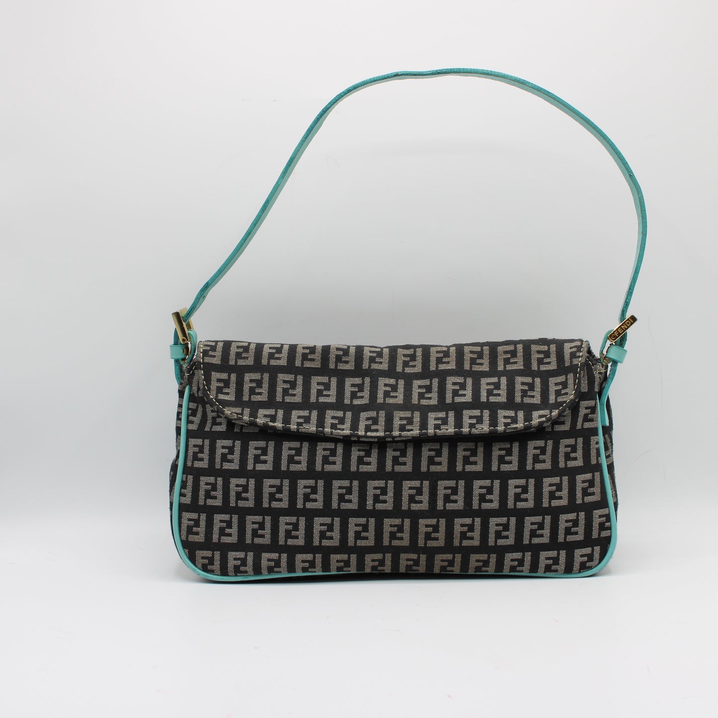 Fendi Black Blue Zucchino Canvas Flap Shoulder Bag