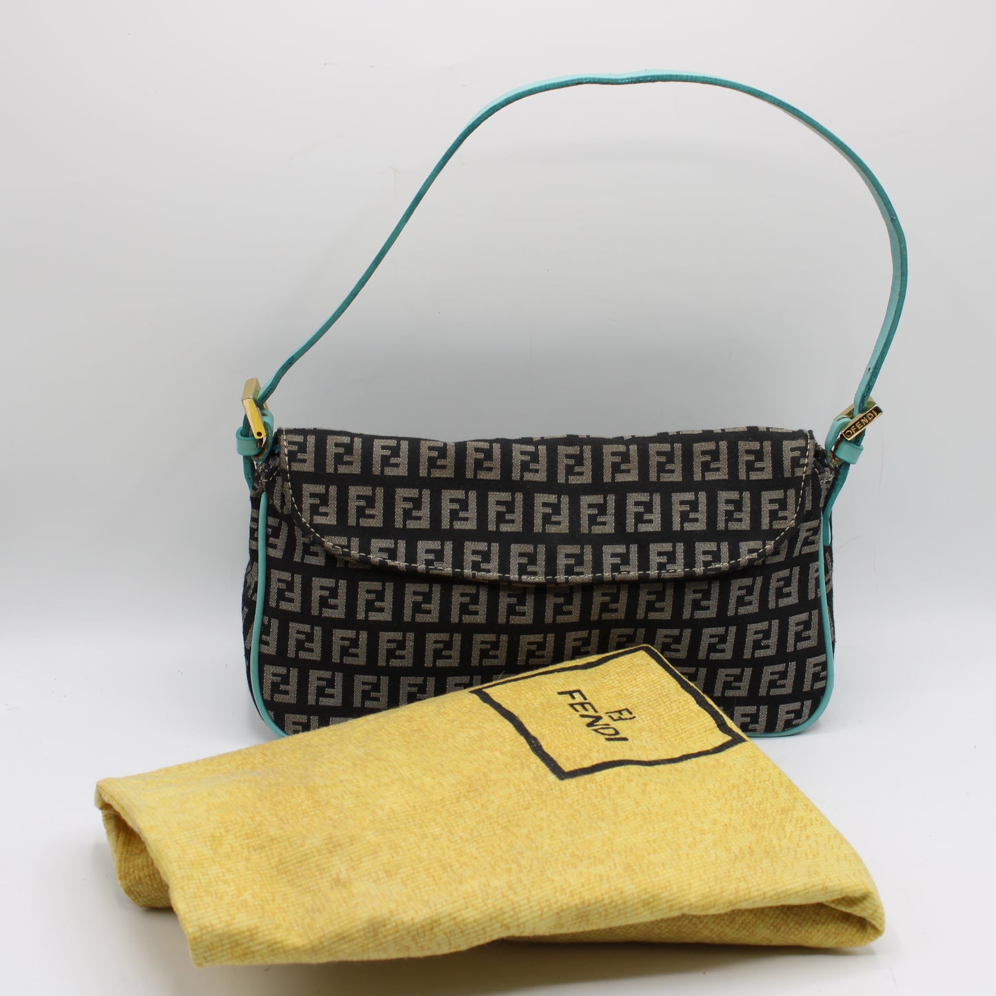 Fendi Black Blue Zucchino Canvas Flap Shoulder Bag