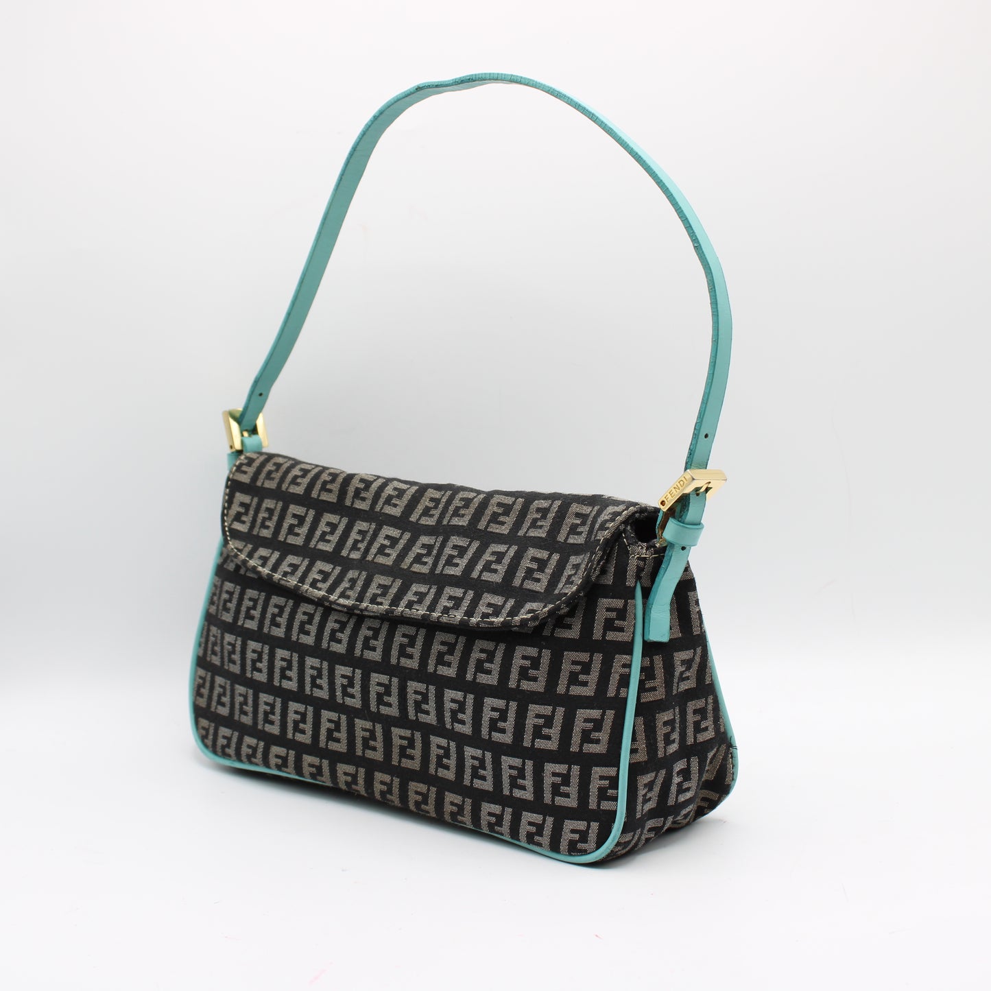 Fendi Black Blue Zucchino Canvas Flap Shoulder Bag