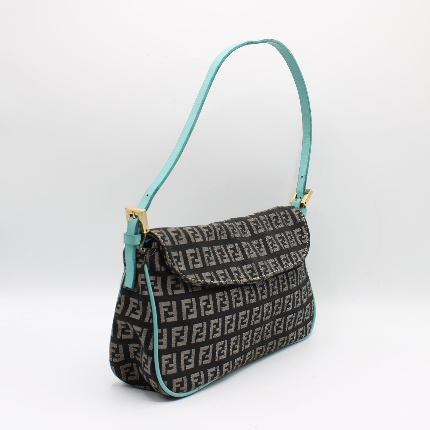 Fendi Black Blue Zucchino Canvas Flap Shoulder Bag