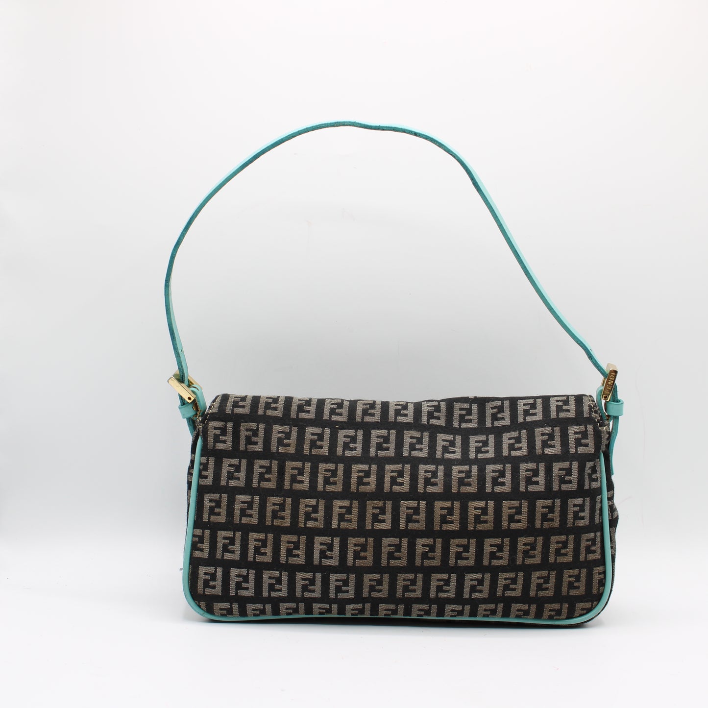Fendi Black Blue Zucchino Canvas Flap Shoulder Bag