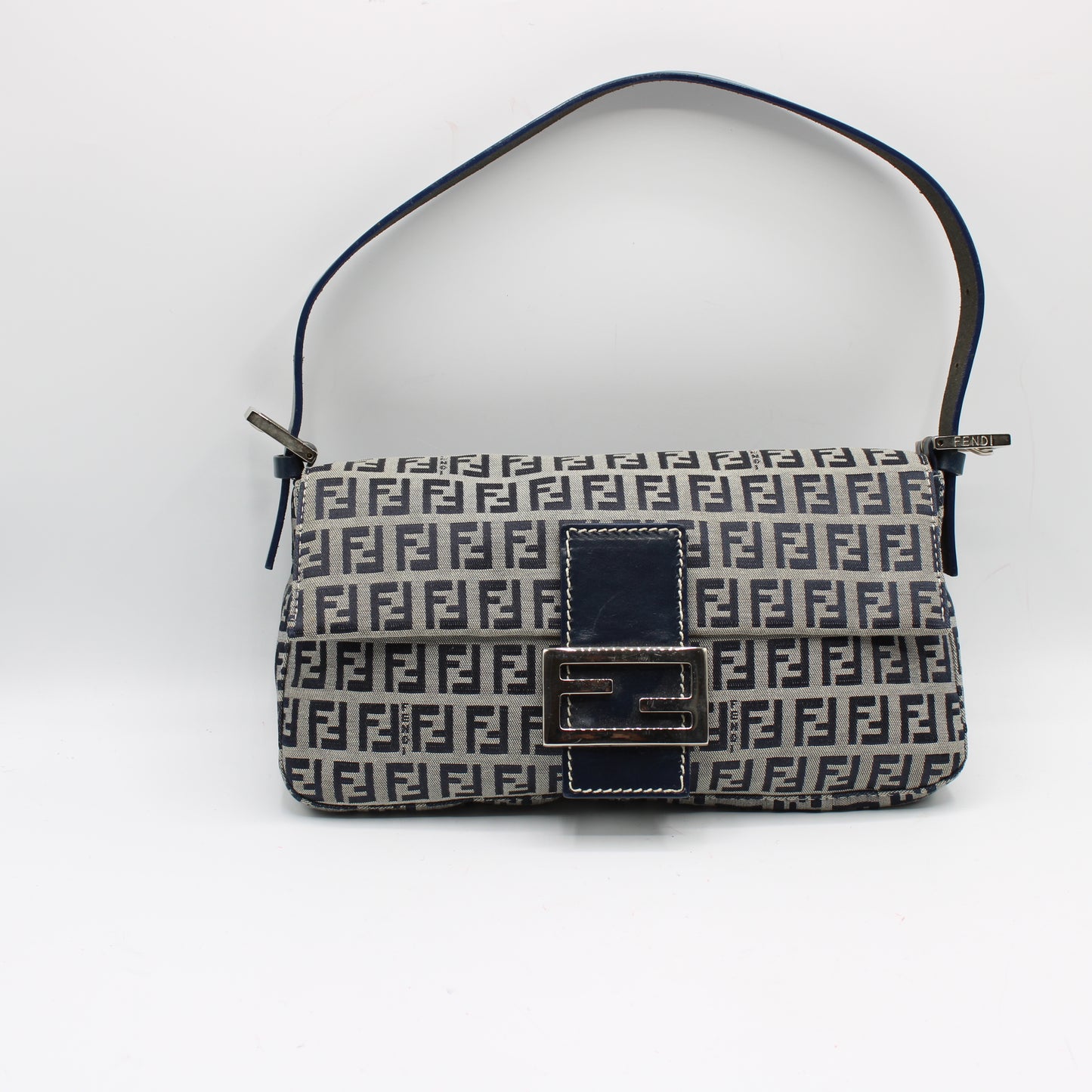 Fendi Navy Zucca Canvas Leather Baguette Shoulder Bag