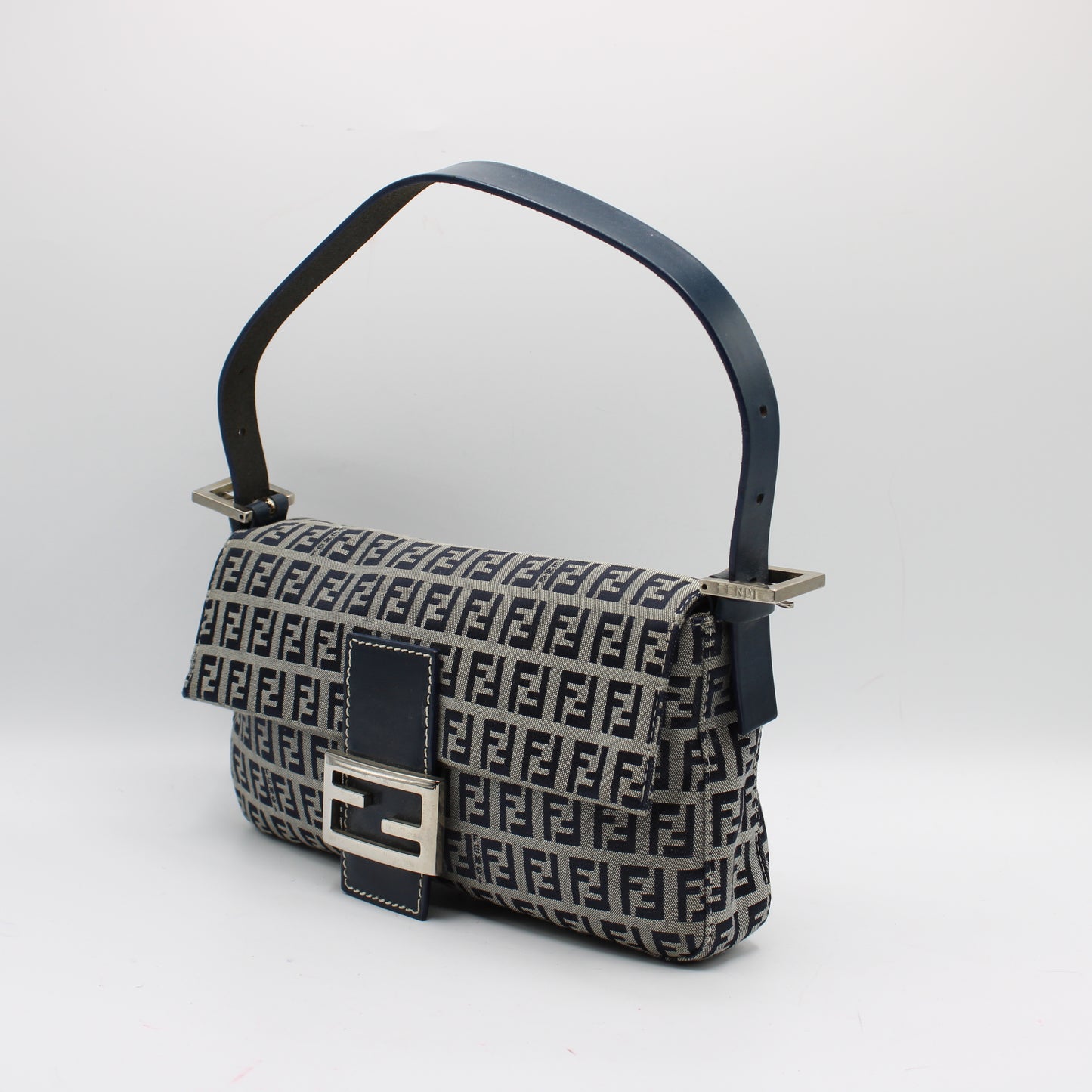 Fendi Navy Zucca Canvas Leather Baguette Shoulder Bag