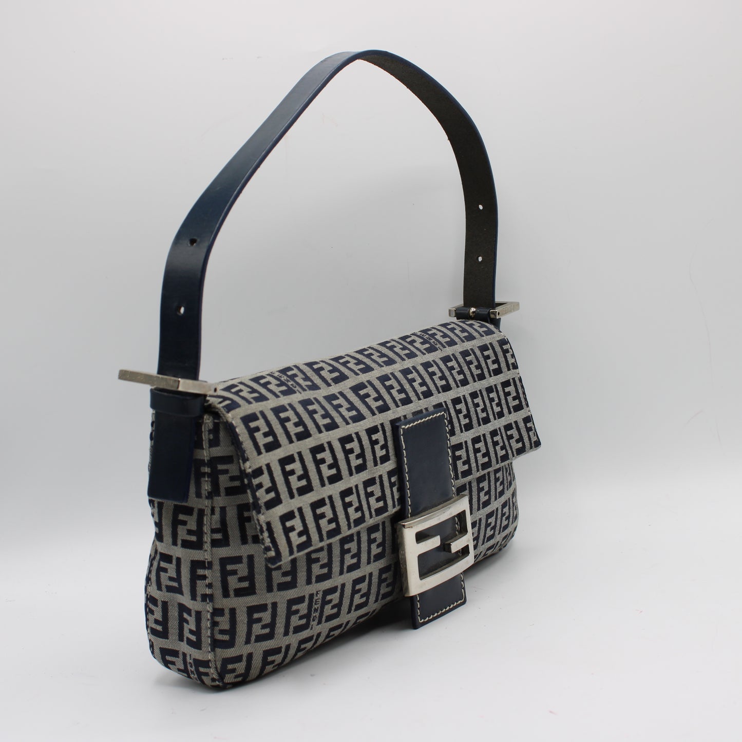 Fendi Navy Zucca Canvas Leather Baguette Shoulder Bag