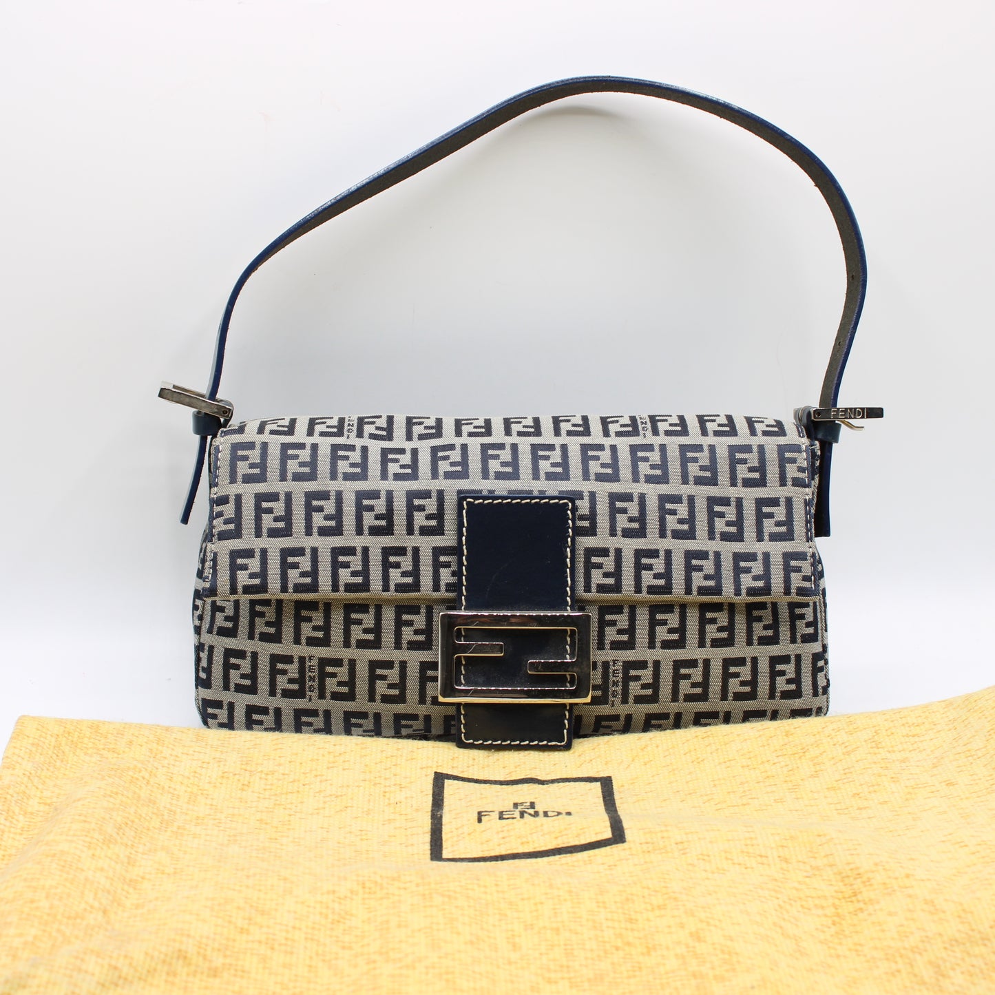 Fendi Navy Zucca Canvas Leather Baguette Shoulder Bag