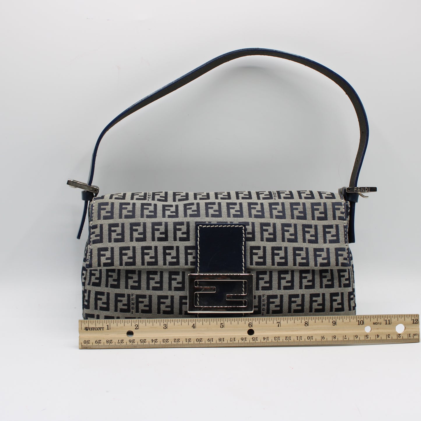 Fendi Navy Zucca Canvas Leather Baguette Shoulder Bag