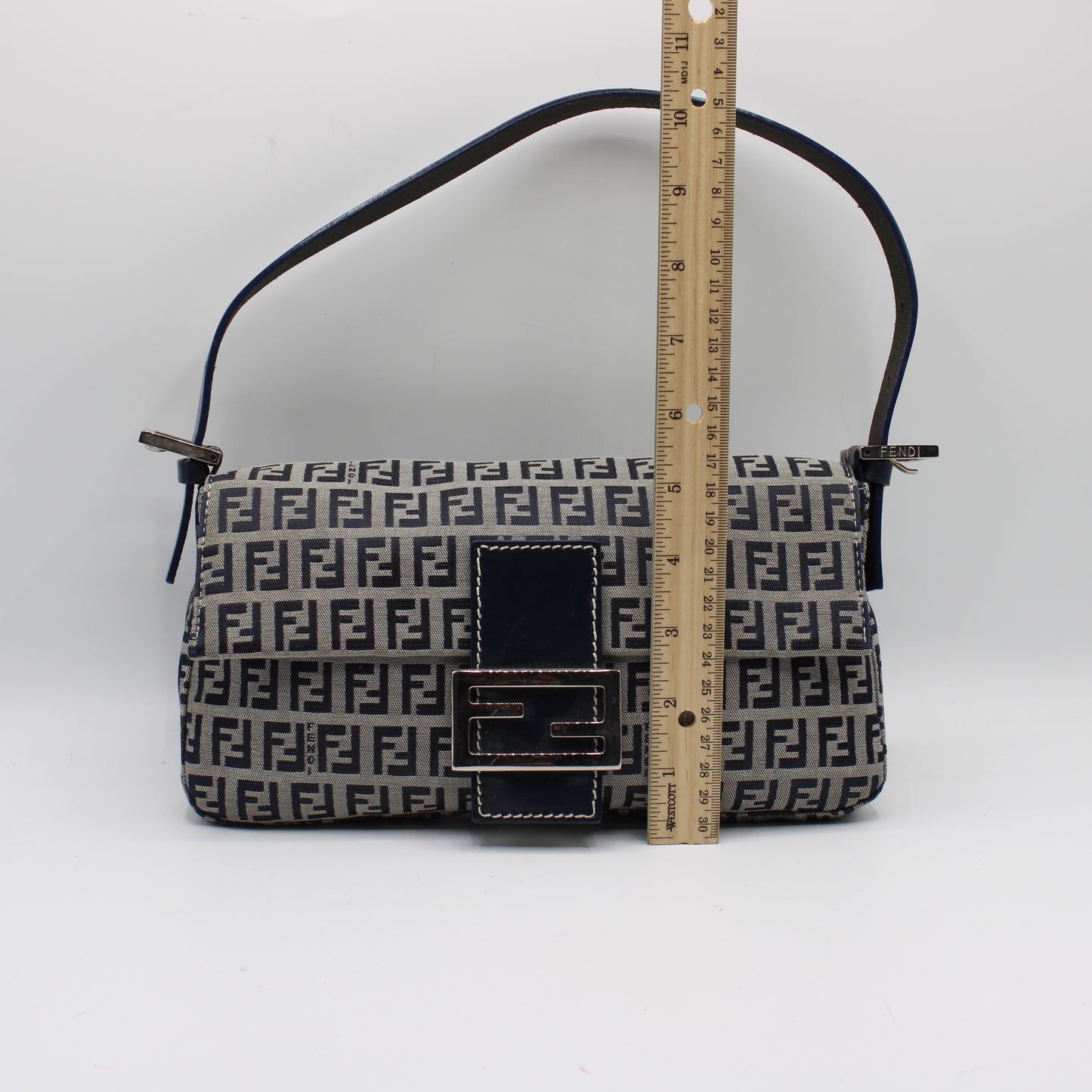 Fendi Navy Zucca Canvas Leather Baguette Shoulder Bag
