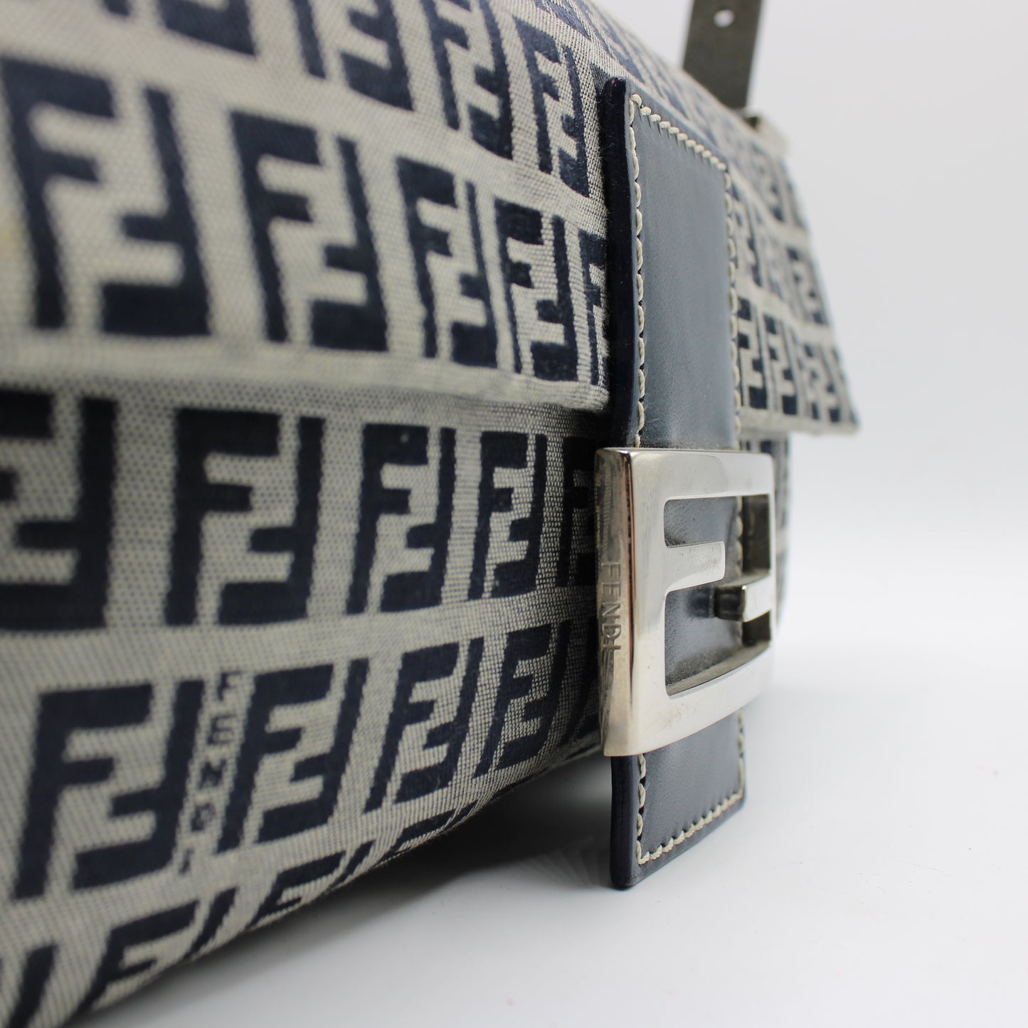 Fendi Navy Zucca Canvas Leather Baguette Shoulder Bag