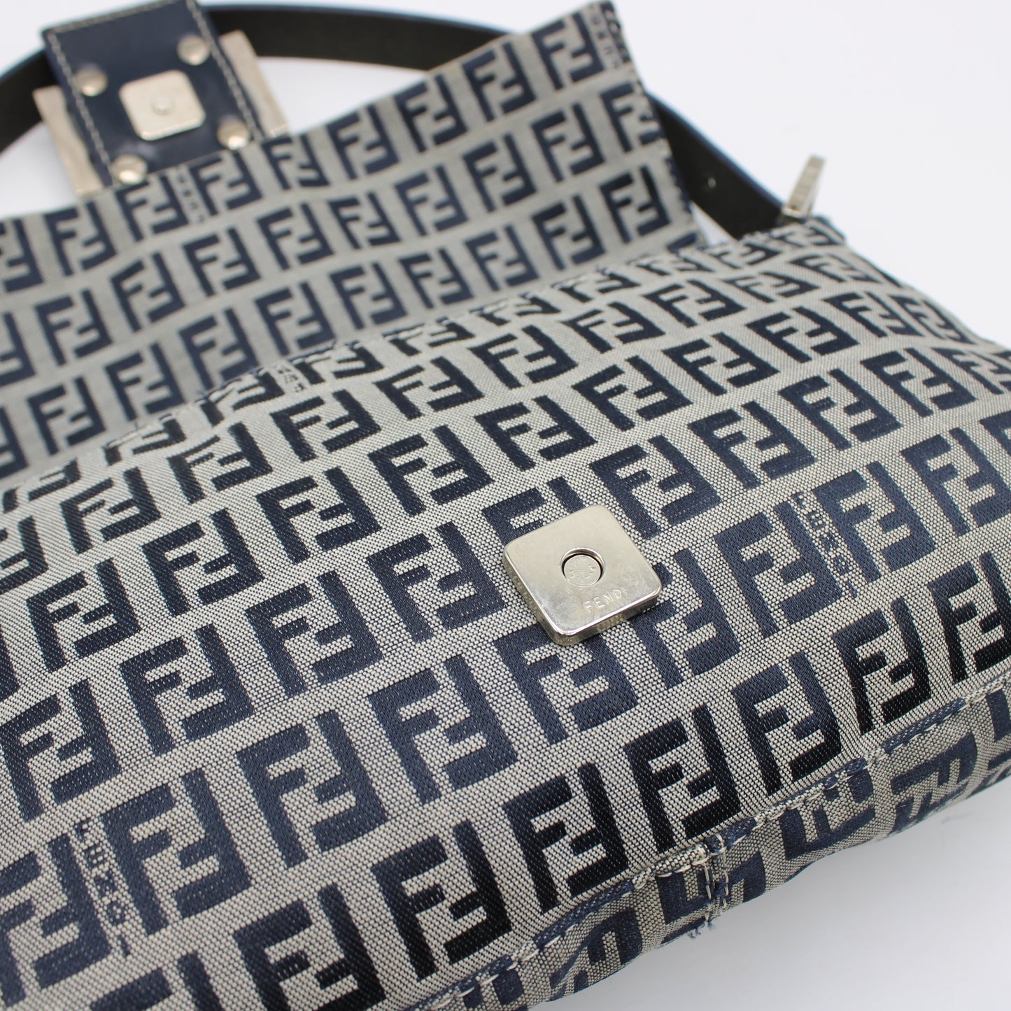 Fendi Navy Zucca Canvas Leather Baguette Shoulder Bag