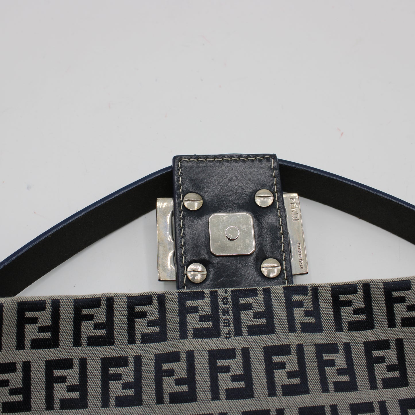 Fendi Navy Zucca Canvas Leather Baguette Shoulder Bag