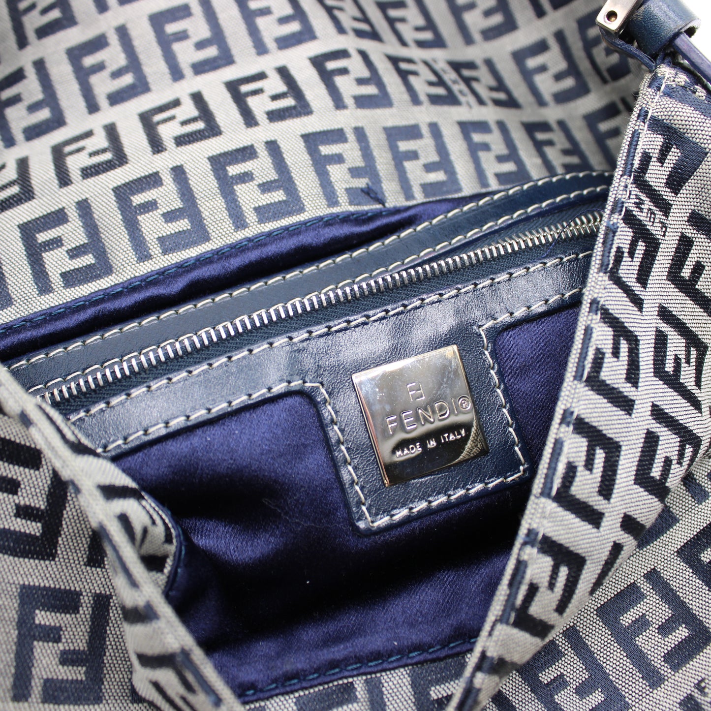 Fendi Navy Zucca Canvas Leather Baguette Shoulder Bag