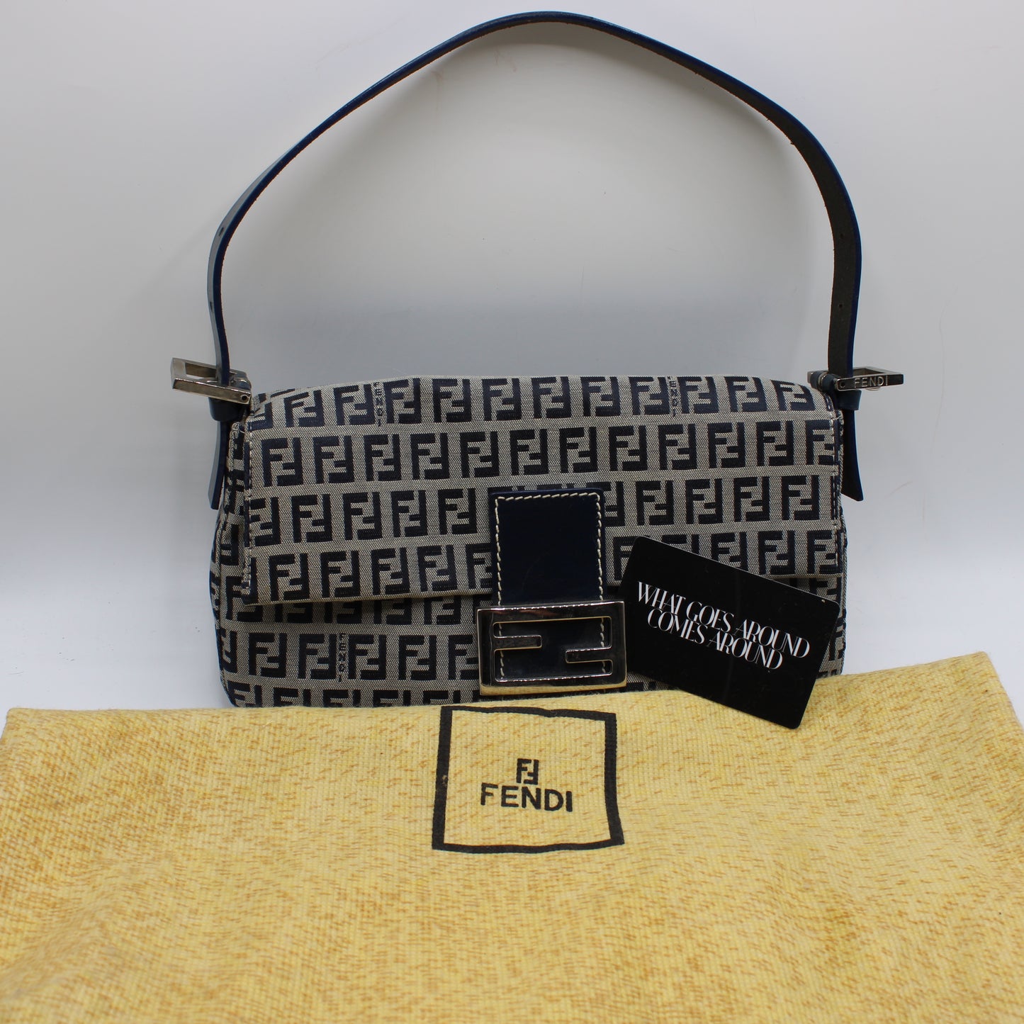 Fendi Navy Zucca Canvas Leather Baguette Shoulder Bag