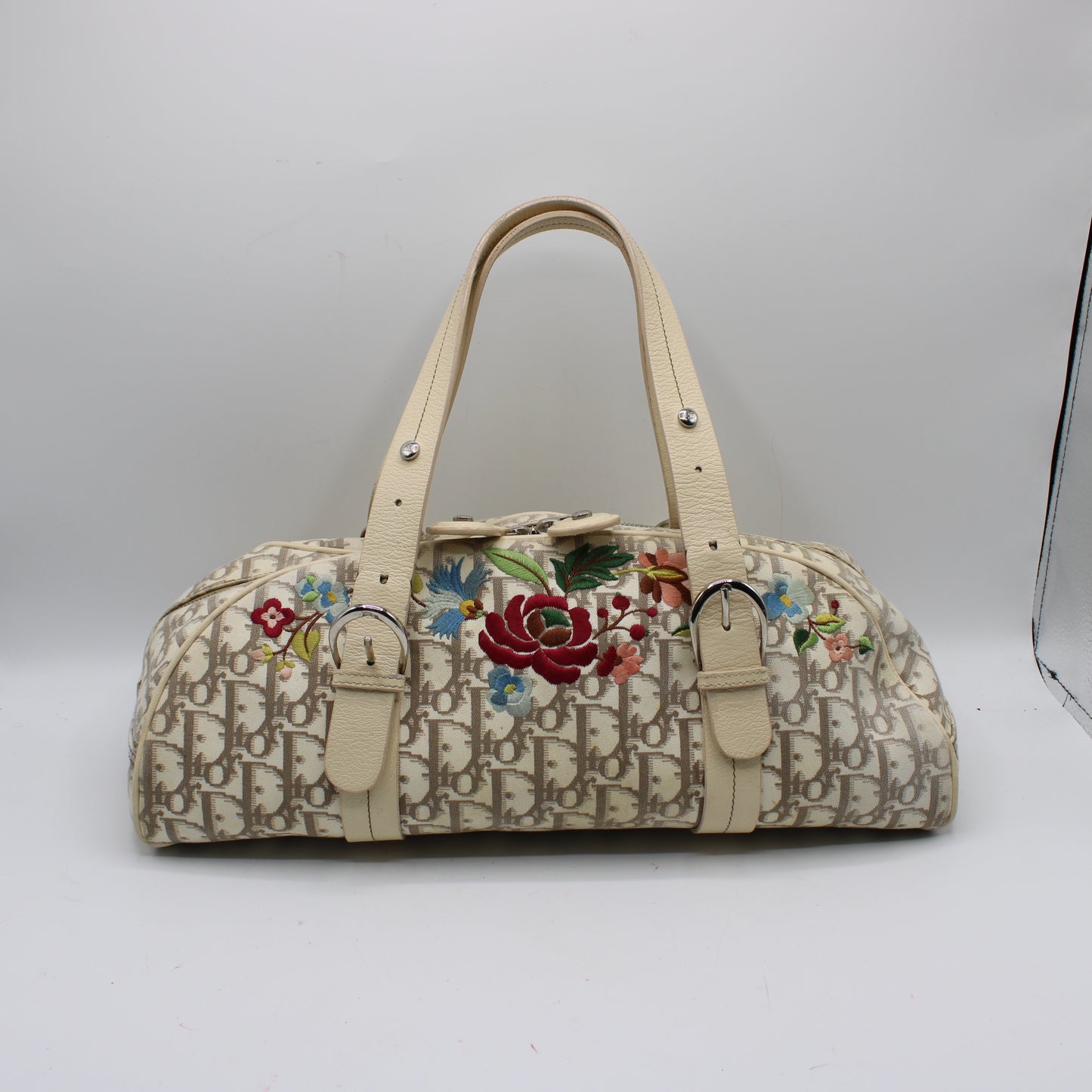 Christian Dior Beige Trotter Embroidered Canvas Bowler Bag