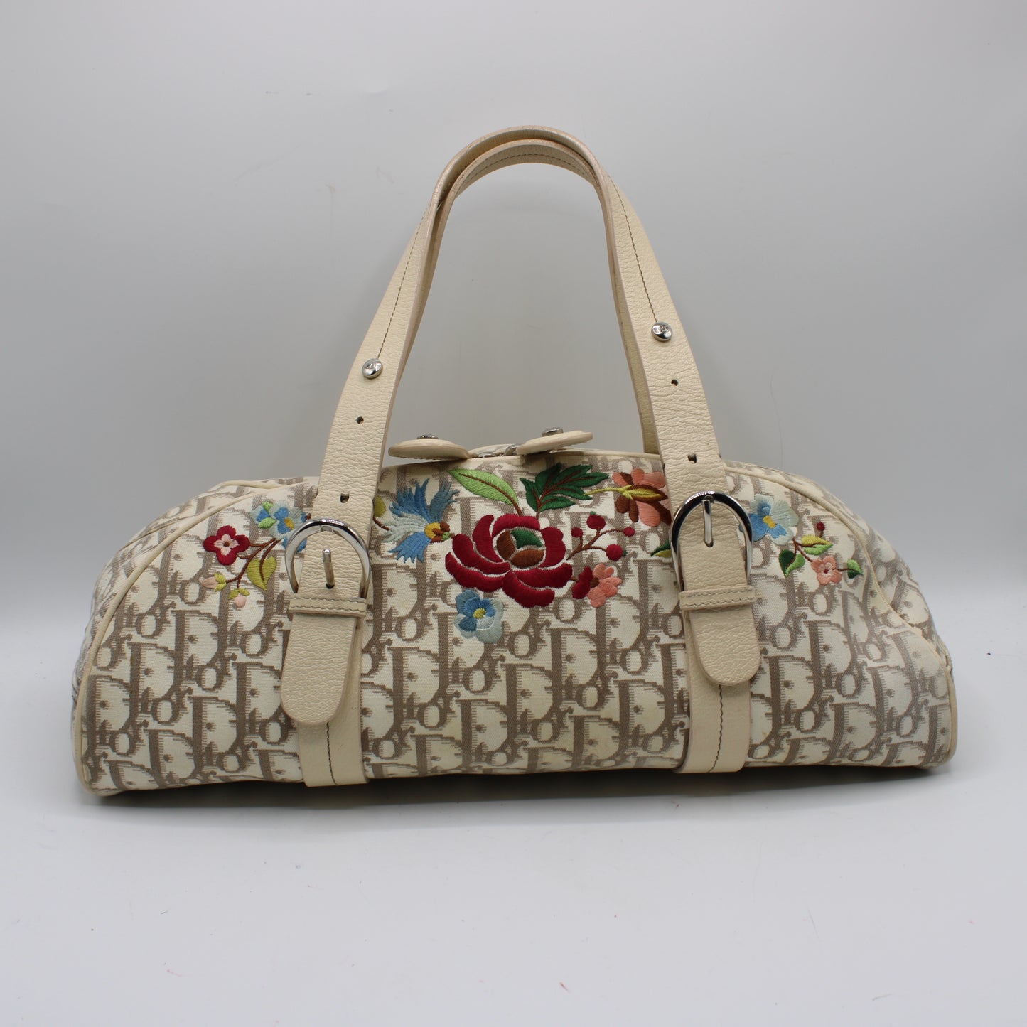 Christian Dior Beige Trotter Embroidered Canvas Bowler Bag