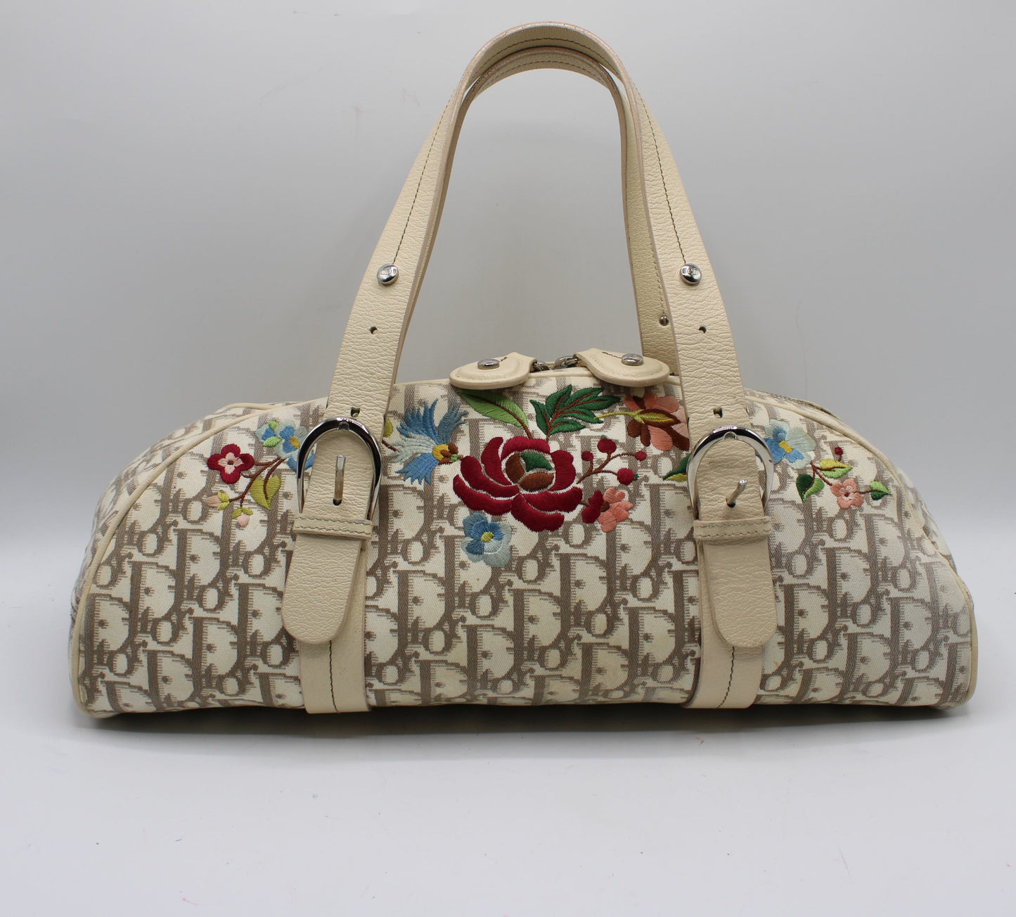 Christian Dior Beige Trotter Embroidered Canvas Bowler Bag