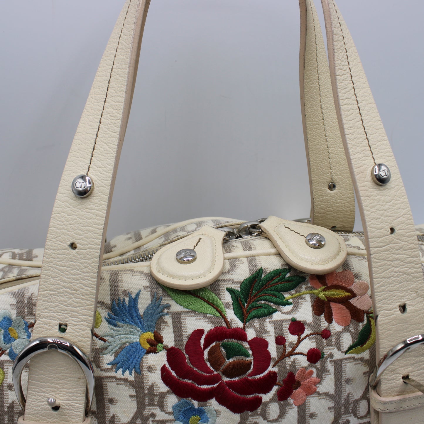 Christian Dior Beige Trotter Embroidered Canvas Bowler Bag