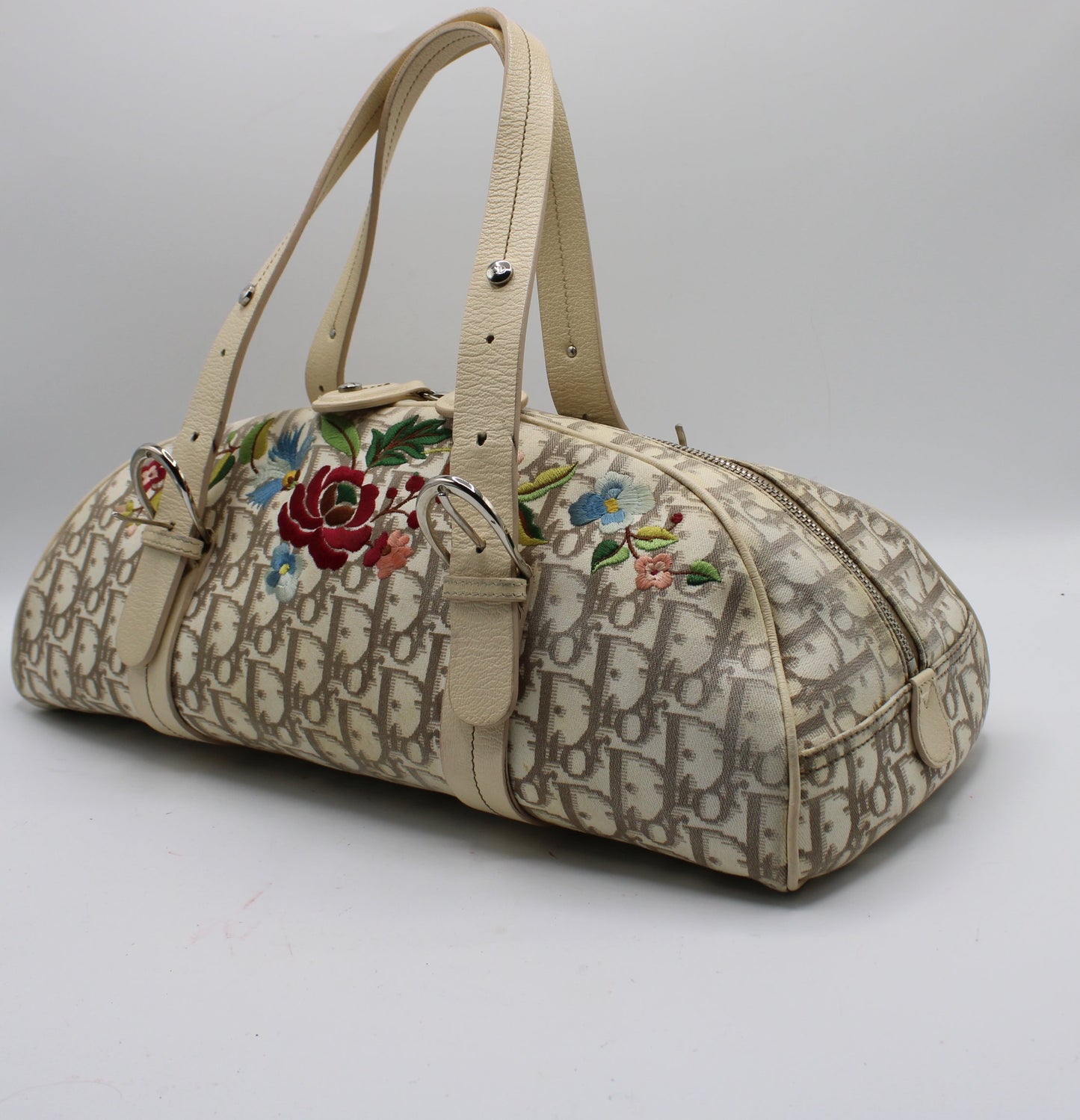 Christian Dior Beige Trotter Embroidered Canvas Bowler Bag