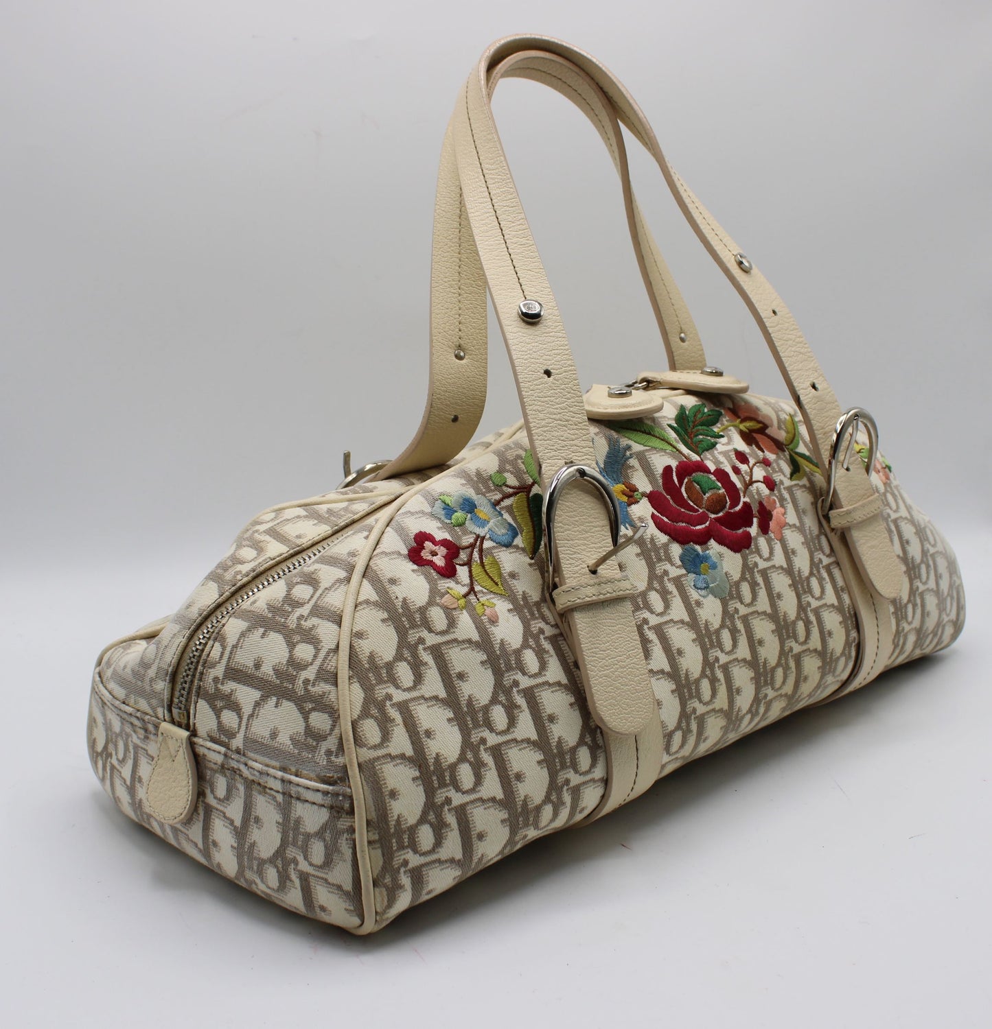 Christian Dior Beige Trotter Embroidered Canvas Bowler Bag