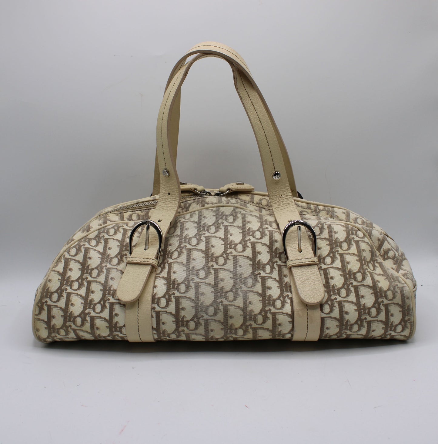 Christian Dior Beige Trotter Embroidered Canvas Bowler Bag
