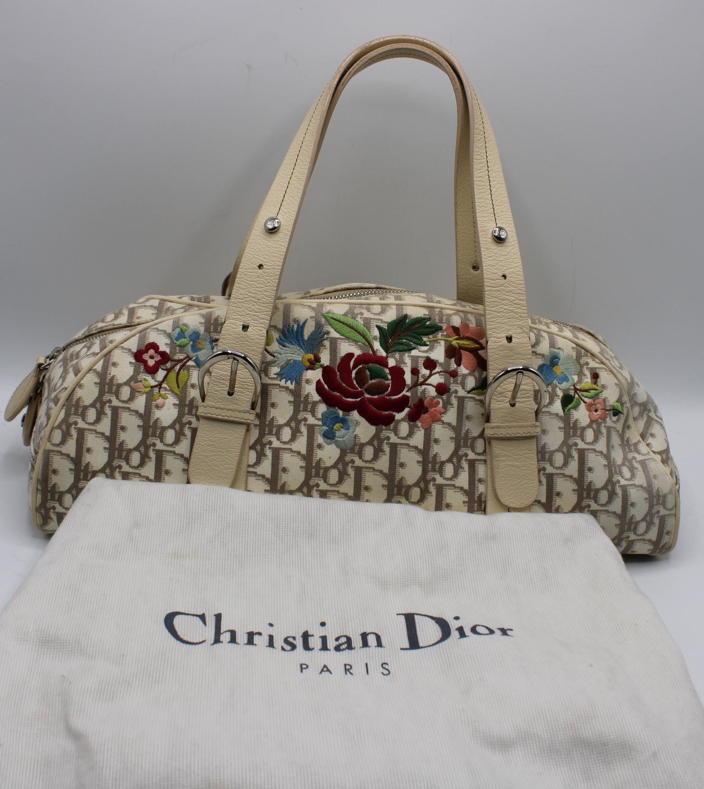 Christian Dior Beige Trotter Embroidered Canvas Bowler Bag