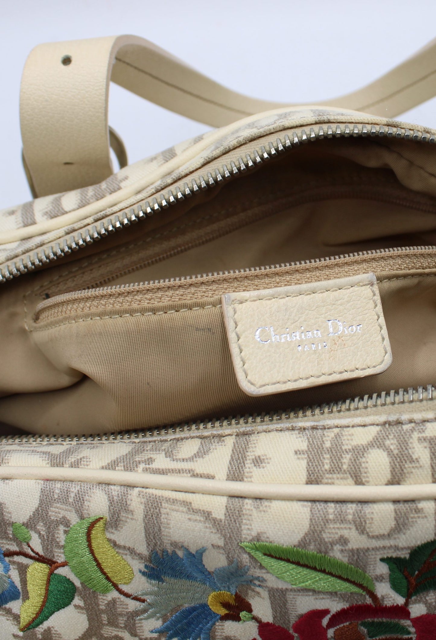Christian Dior Beige Trotter Embroidered Canvas Bowler Bag